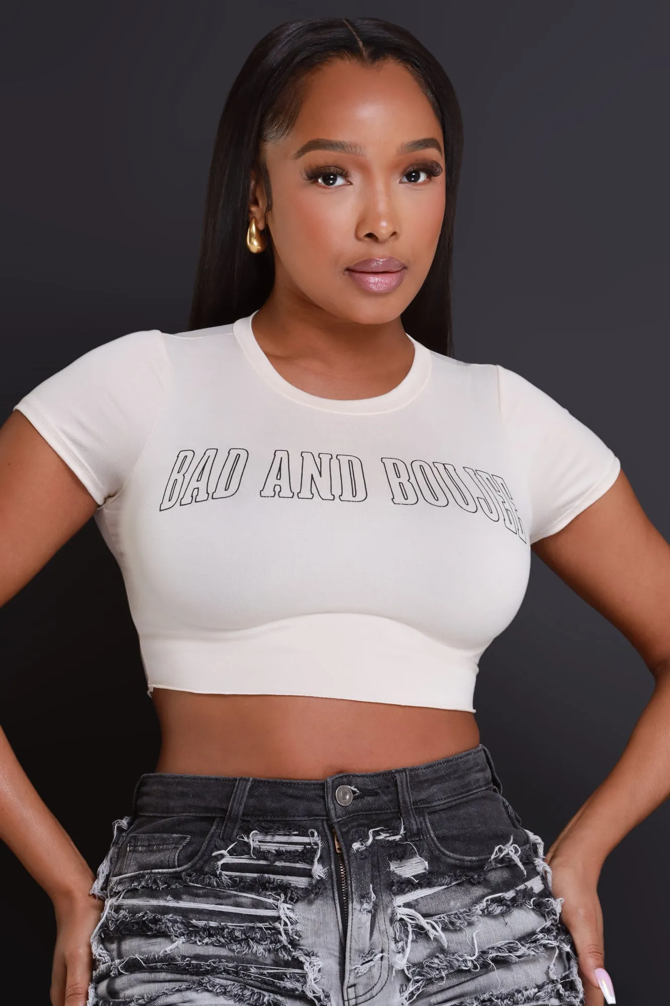 Bad And Boujee Cropped Graphic T-Shirt - Cream sold by Swankaposh