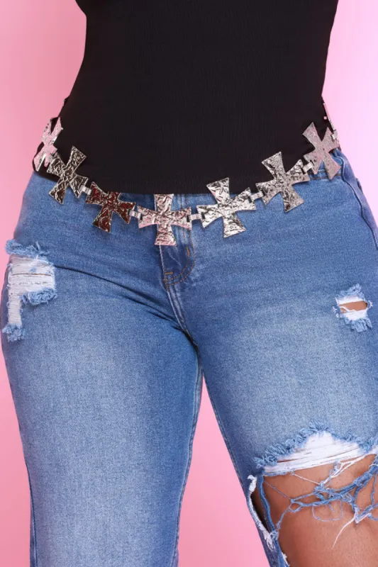 Cross To Bear Hammered Metal Belt - Silver sold by Swankaposh