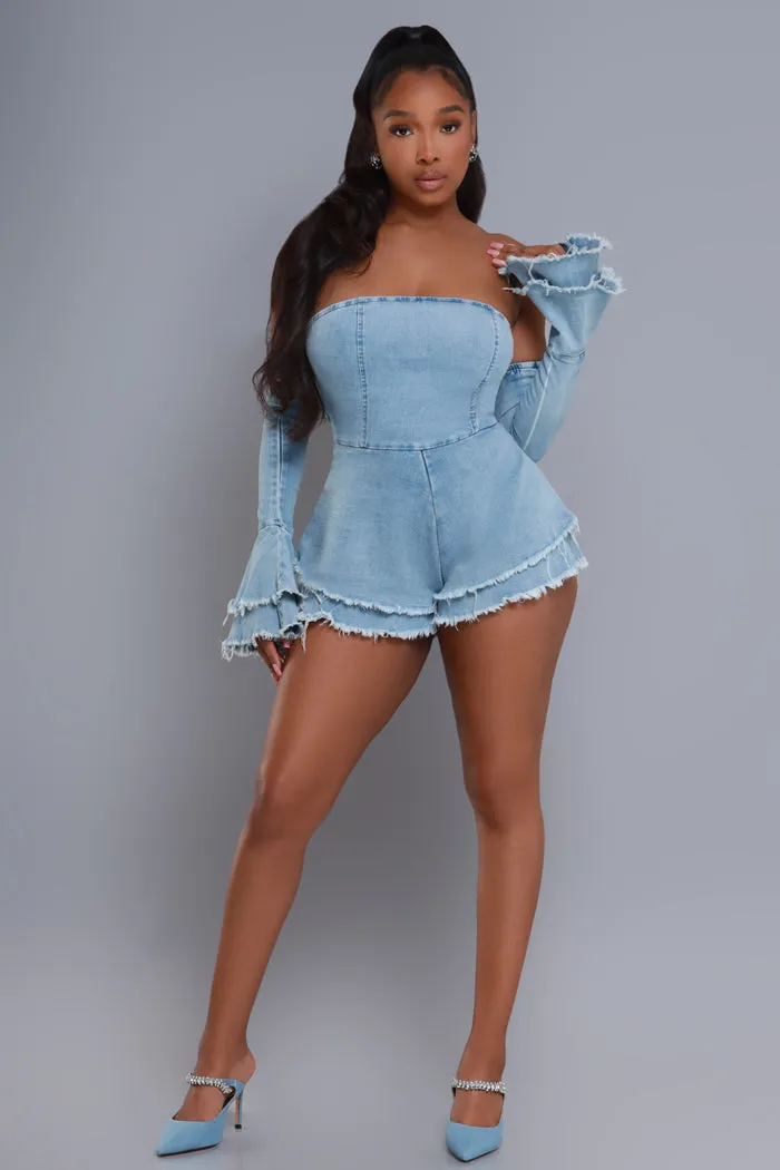 Go Ghost Flared Sleeve Denim Romper Set - Light Wash sold by Swankaposh