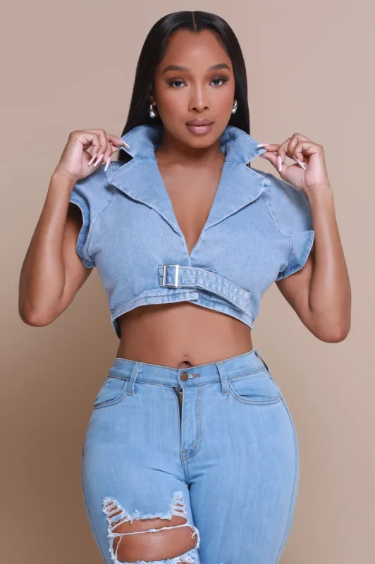 Rock The Boat Cropped Denim Jacket - Blue sold by Swankaposh