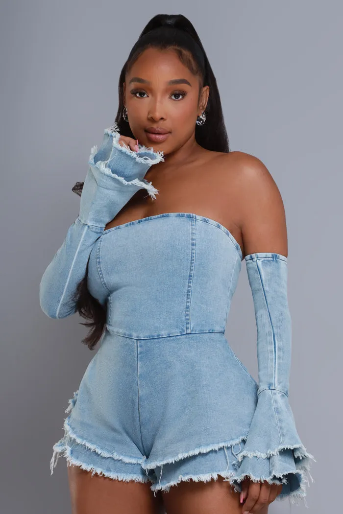 Go Ghost Flared Sleeve Denim Romper Set - Light Wash sold by Swankaposh product image thumbnail 5