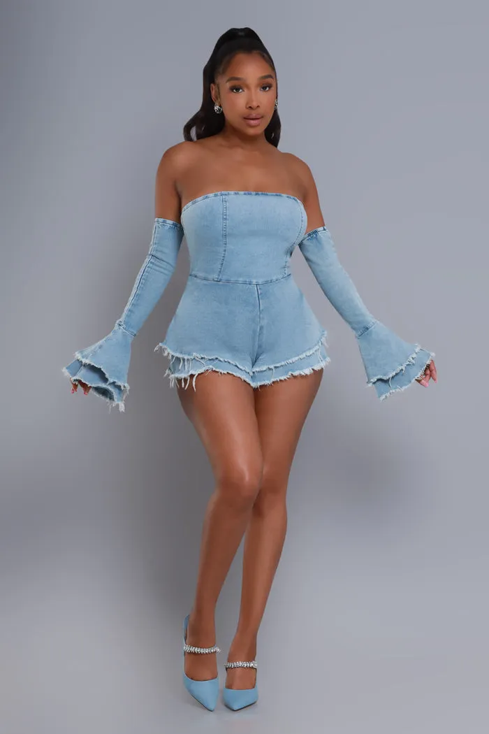 Go Ghost Flared Sleeve Denim Romper Set - Light Wash sold by Swankaposh product image thumbnail 4