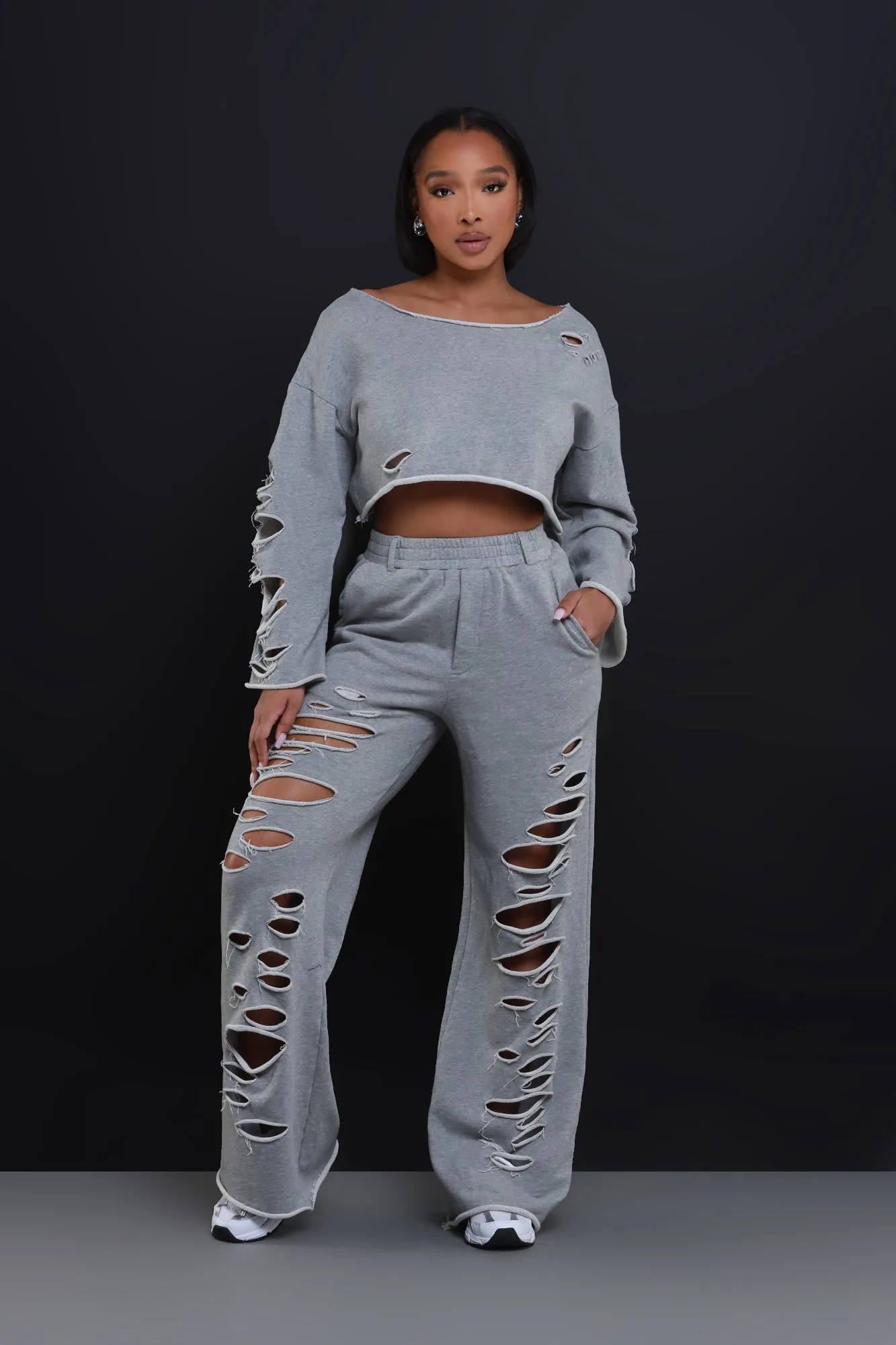 No Nonsense Distressed Cropped Pants Set - Grey sold by Swankaposh product image thumbnail 2