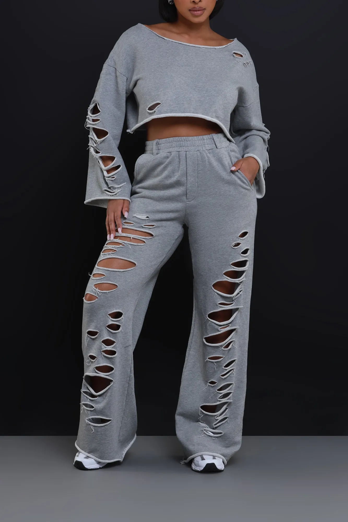 No Nonsense Distressed Cropped Pants Set - Grey sold by Swankaposh product image thumbnail 4