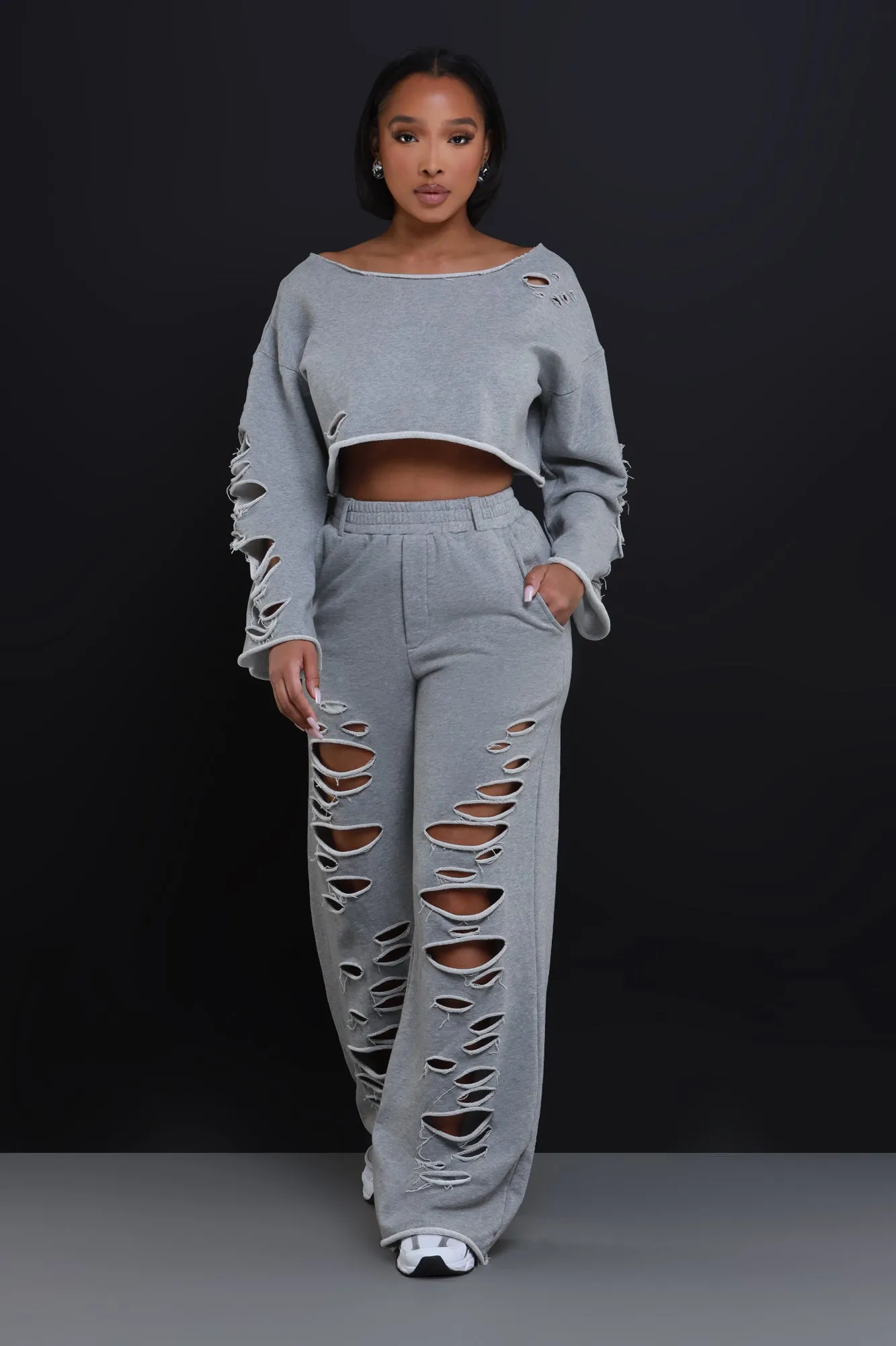 No Nonsense Distressed Cropped Pants Set - Grey sold by Swankaposh