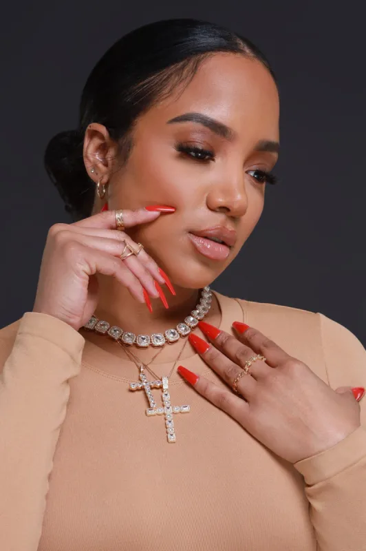 Living On A Prayer Rhinestone Cross Necklace - Gold sold by Swankaposh