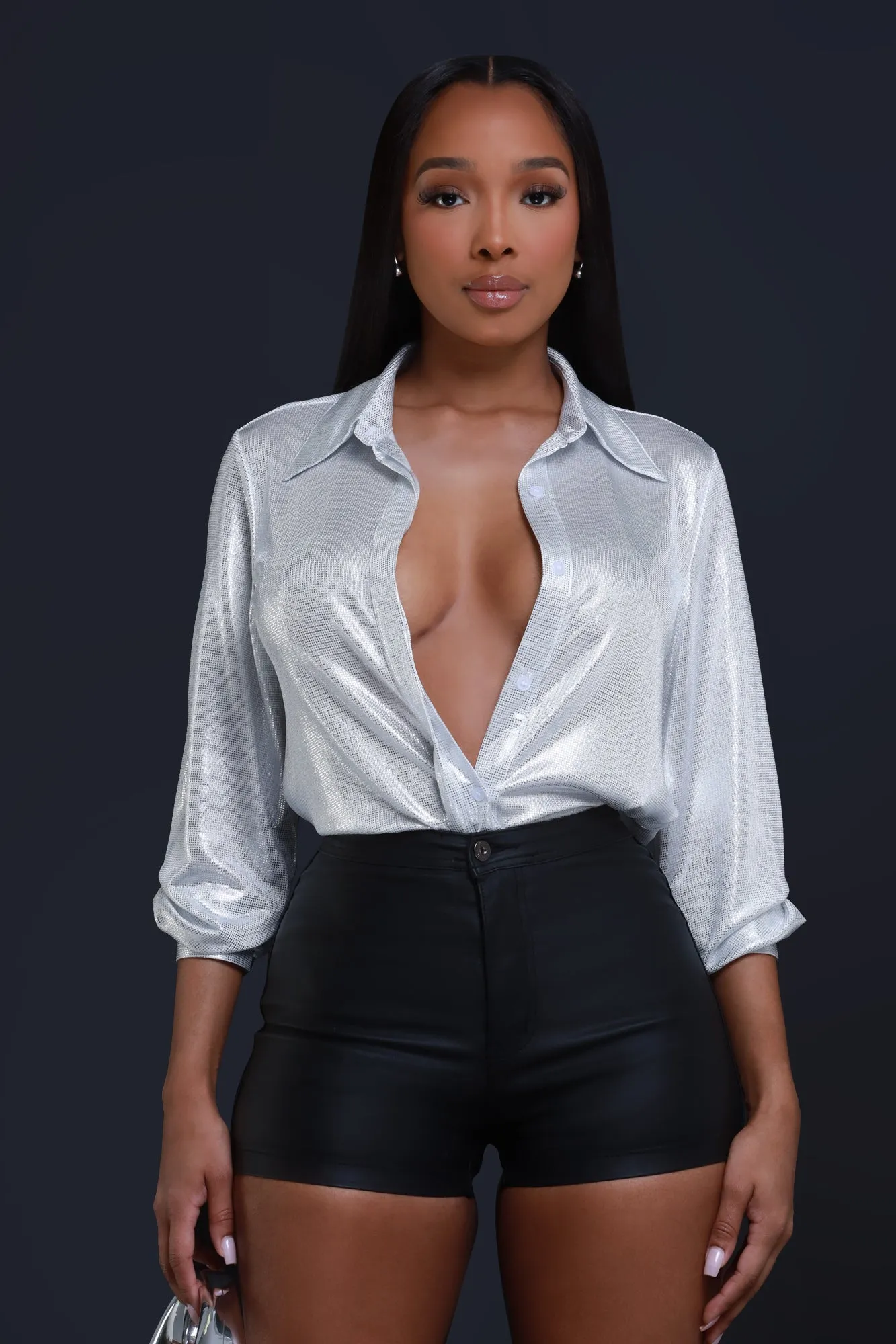 Happy Ending Satin Button Up Top - Silver sold by Swankaposh