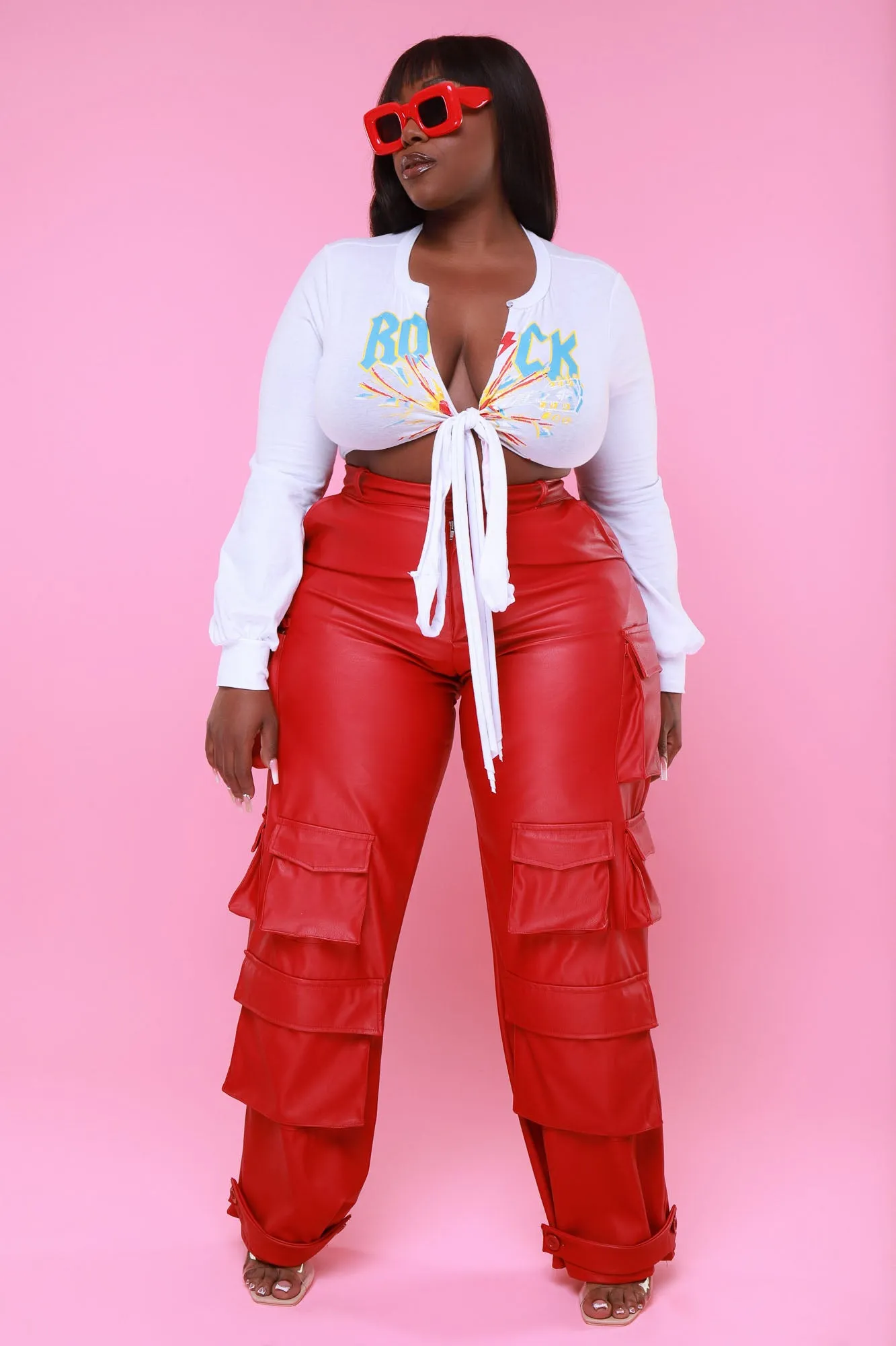 Baggy Multi Pocket Long Cargo Pants - Red Faux Leather sold by Swankaposh product image thumbnail 4