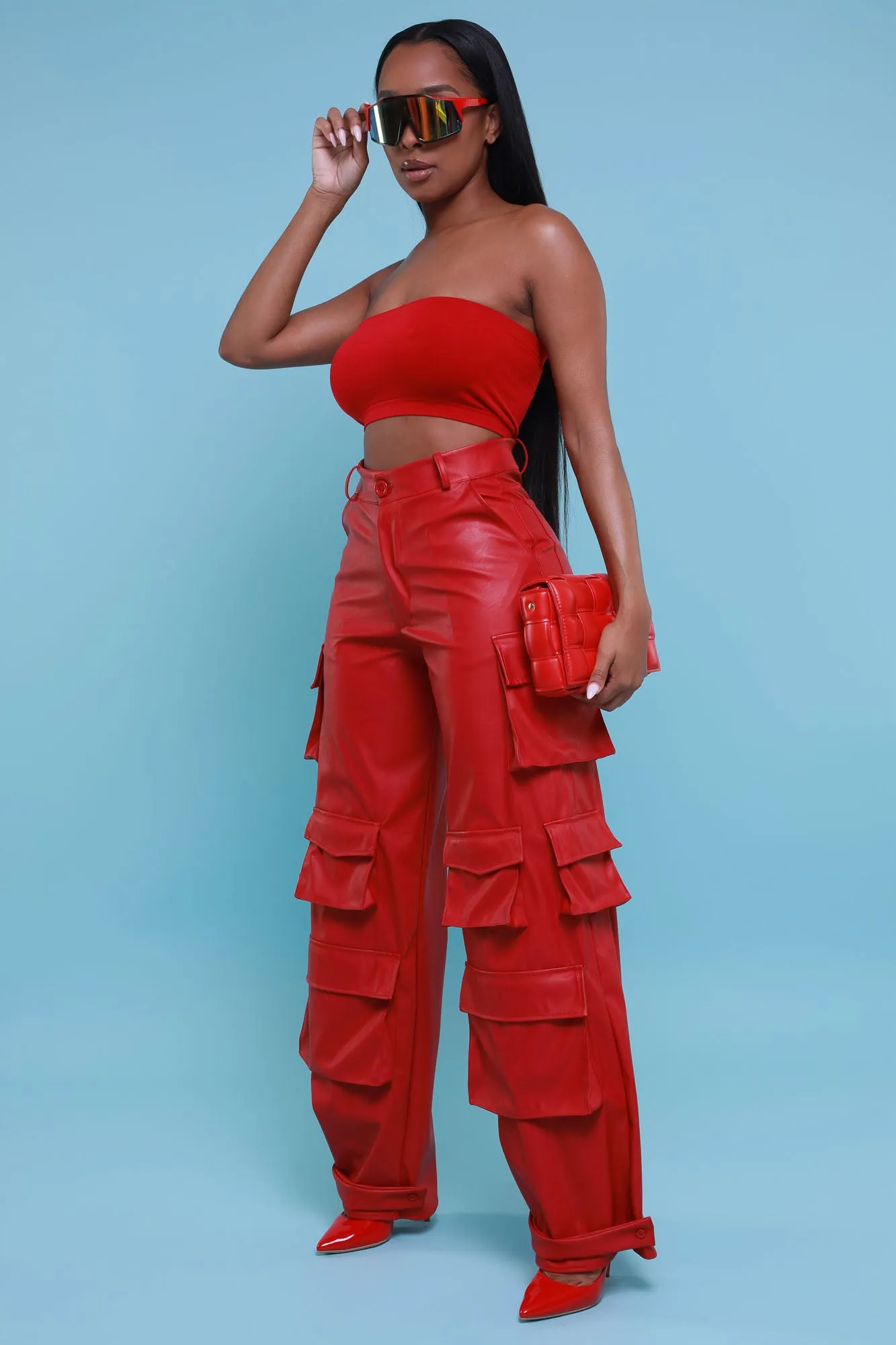 Baggy Multi Pocket Long Cargo Pants - Red Faux Leather sold by Swankaposh