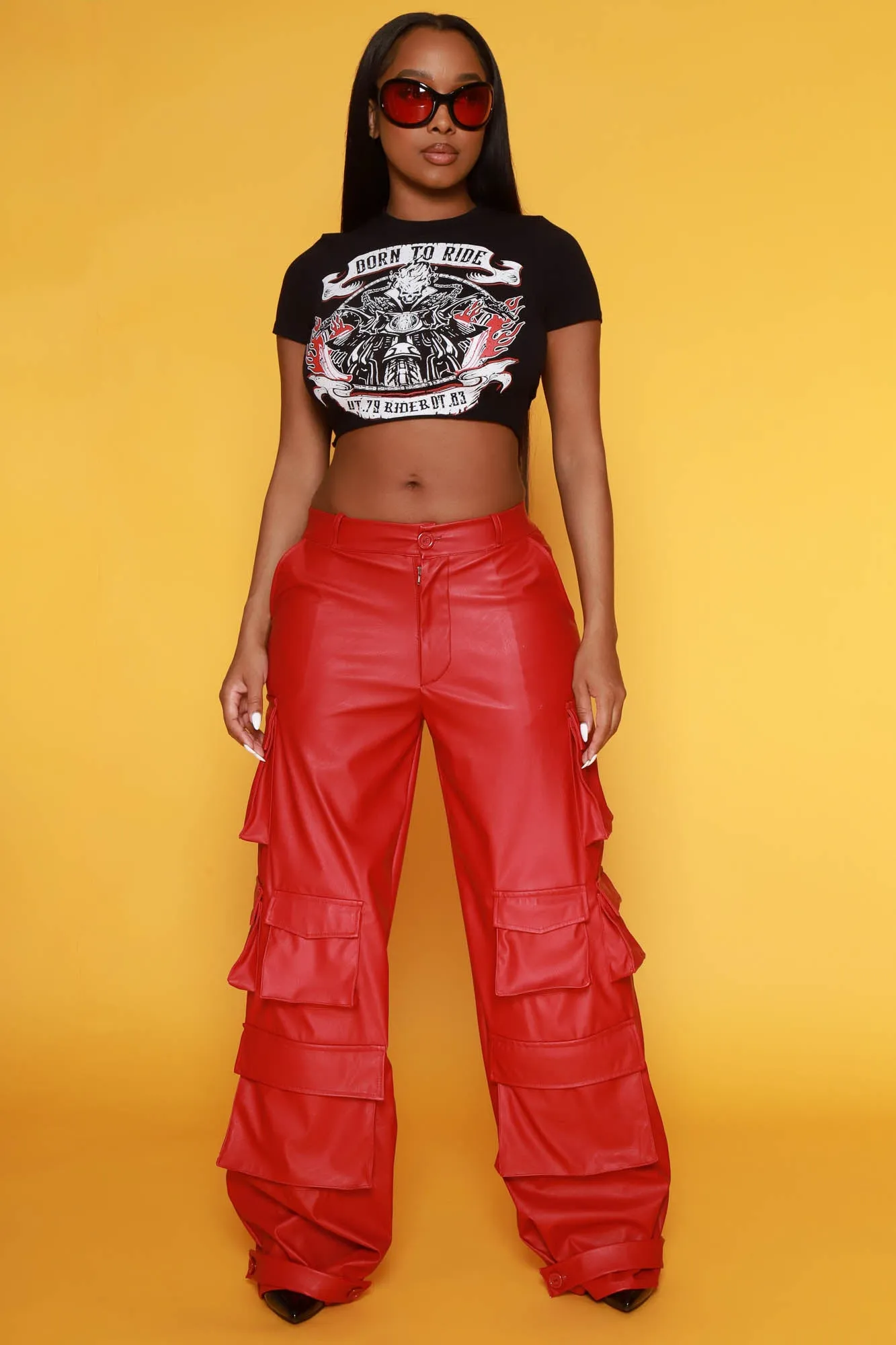 Baggy Multi Pocket Long Cargo Pants - Red Faux Leather sold by Swankaposh product image thumbnail 3