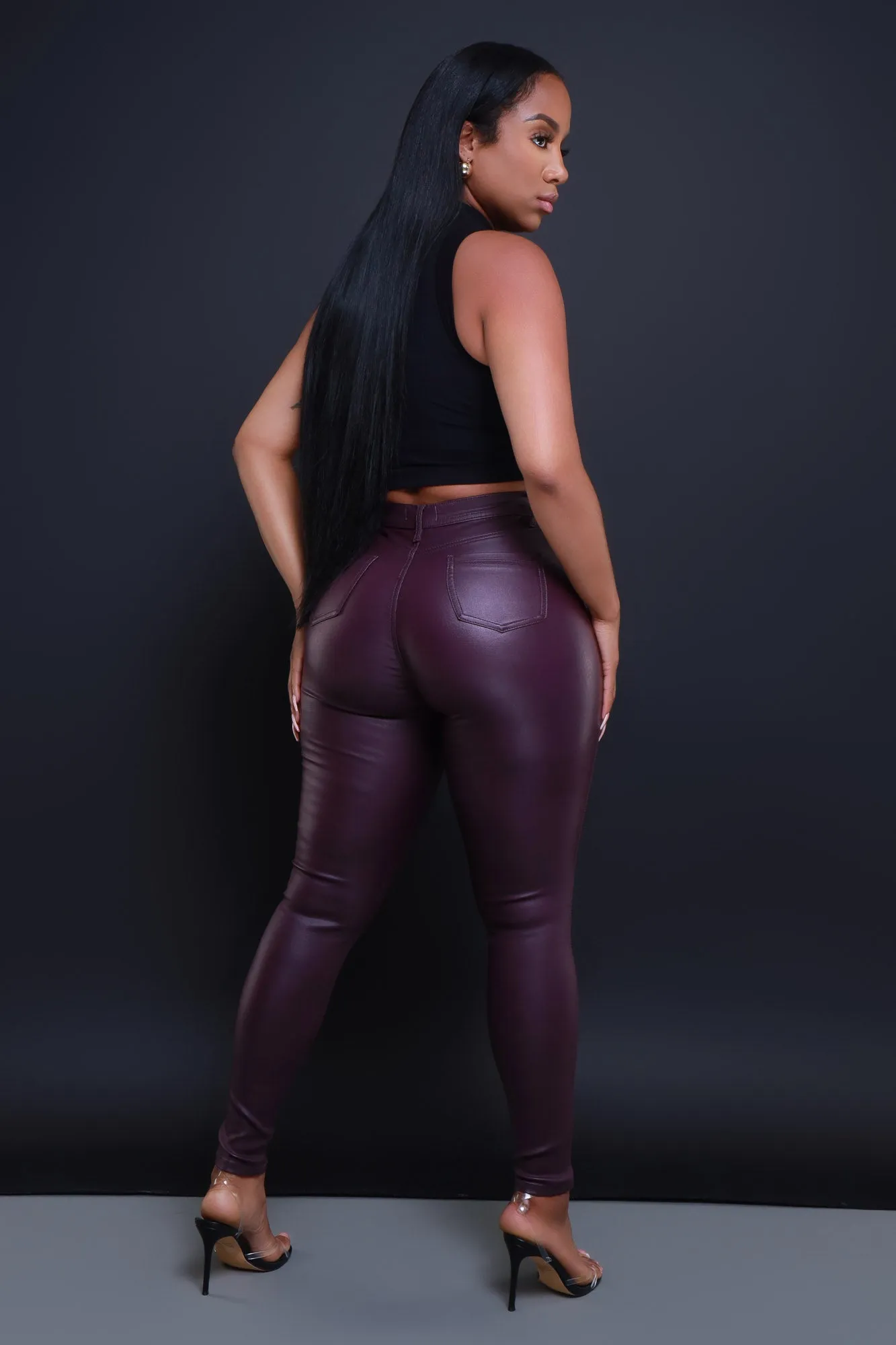 Curve You Faux Leather High Rise Pants - Wine sold by Swankaposh product image thumbnail 4