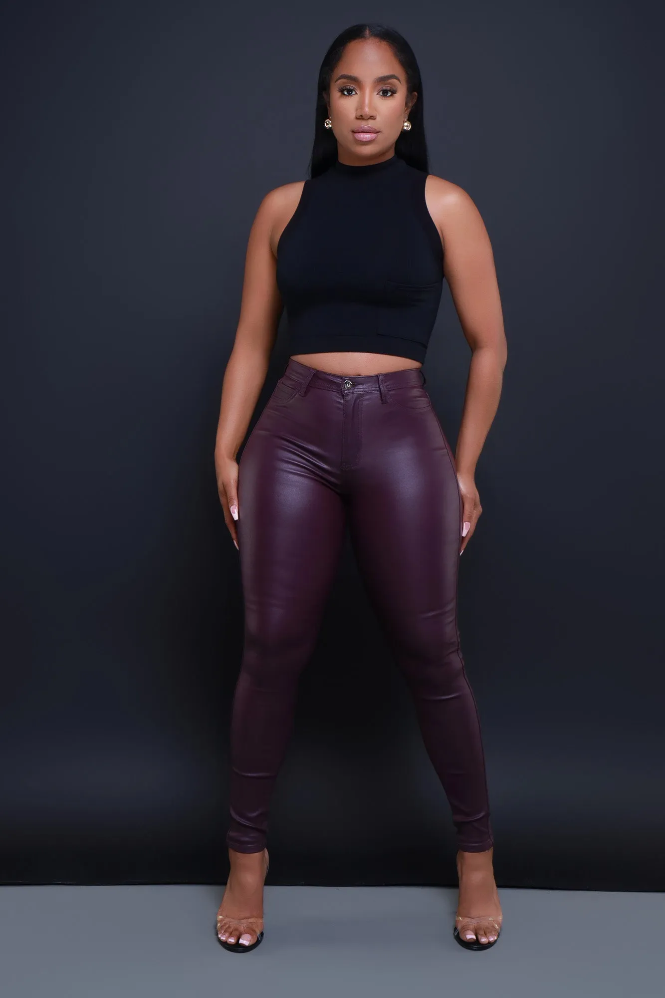 Curve You Faux Leather High Rise Pants - Wine sold by Swankaposh