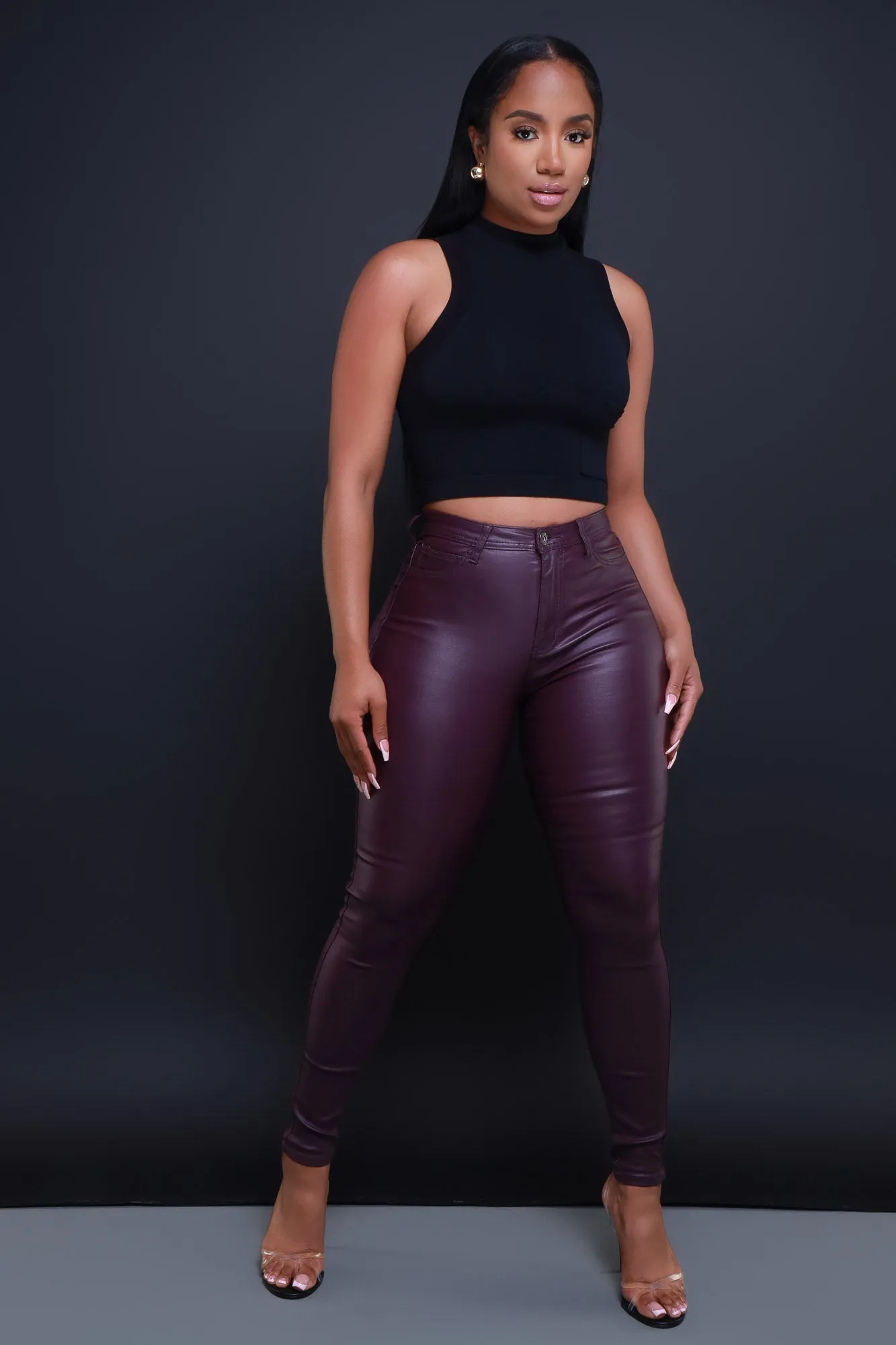 Curve You Faux Leather High Rise Pants - Wine sold by Swankaposh product image thumbnail 5
