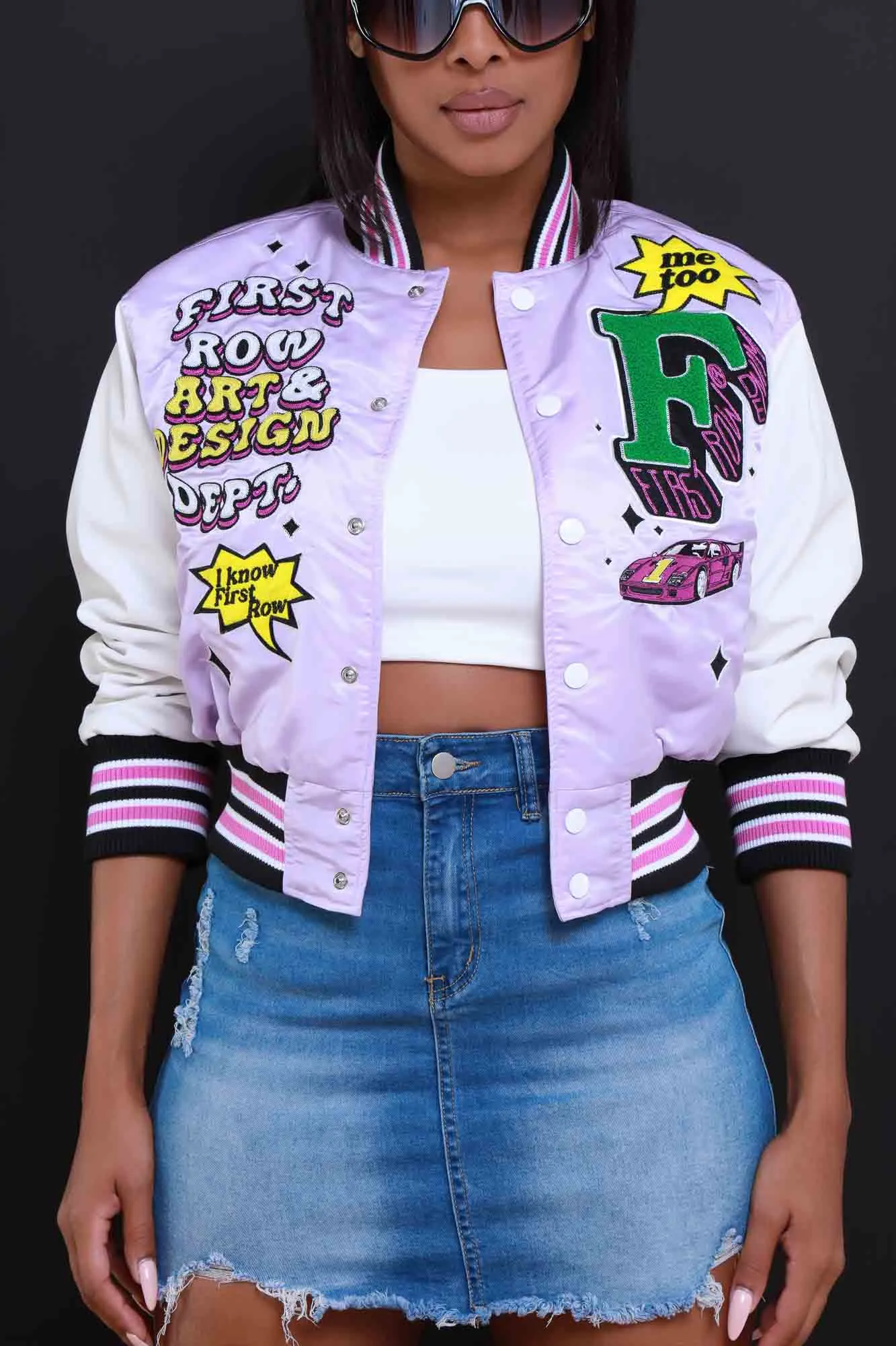 Still Life Cropped Faux Leather Varsity Jacket - Lavender/White sold by Swankaposh product image thumbnail 2