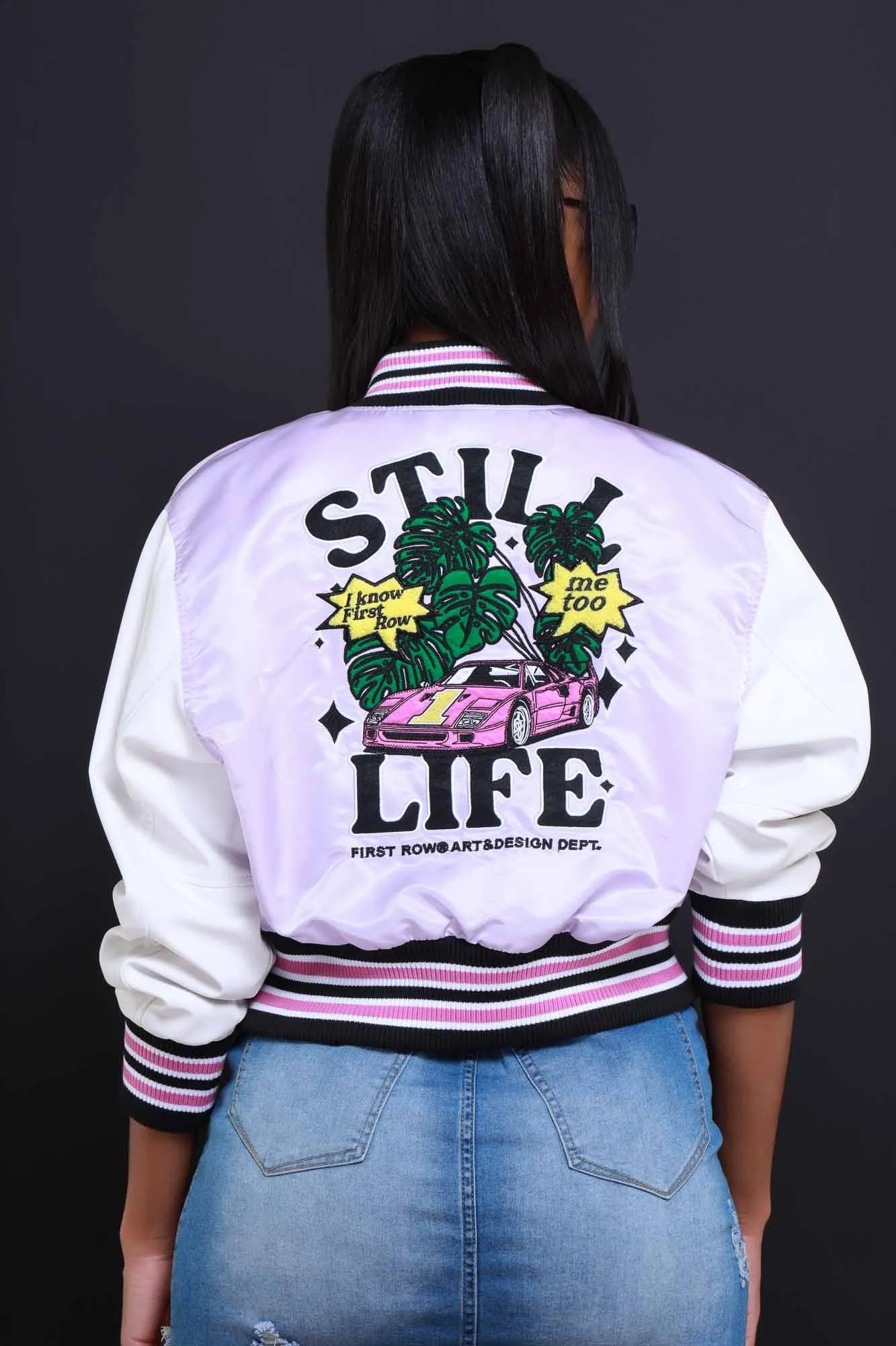 Still Life Cropped Faux Leather Varsity Jacket - Lavender/White sold by Swankaposh