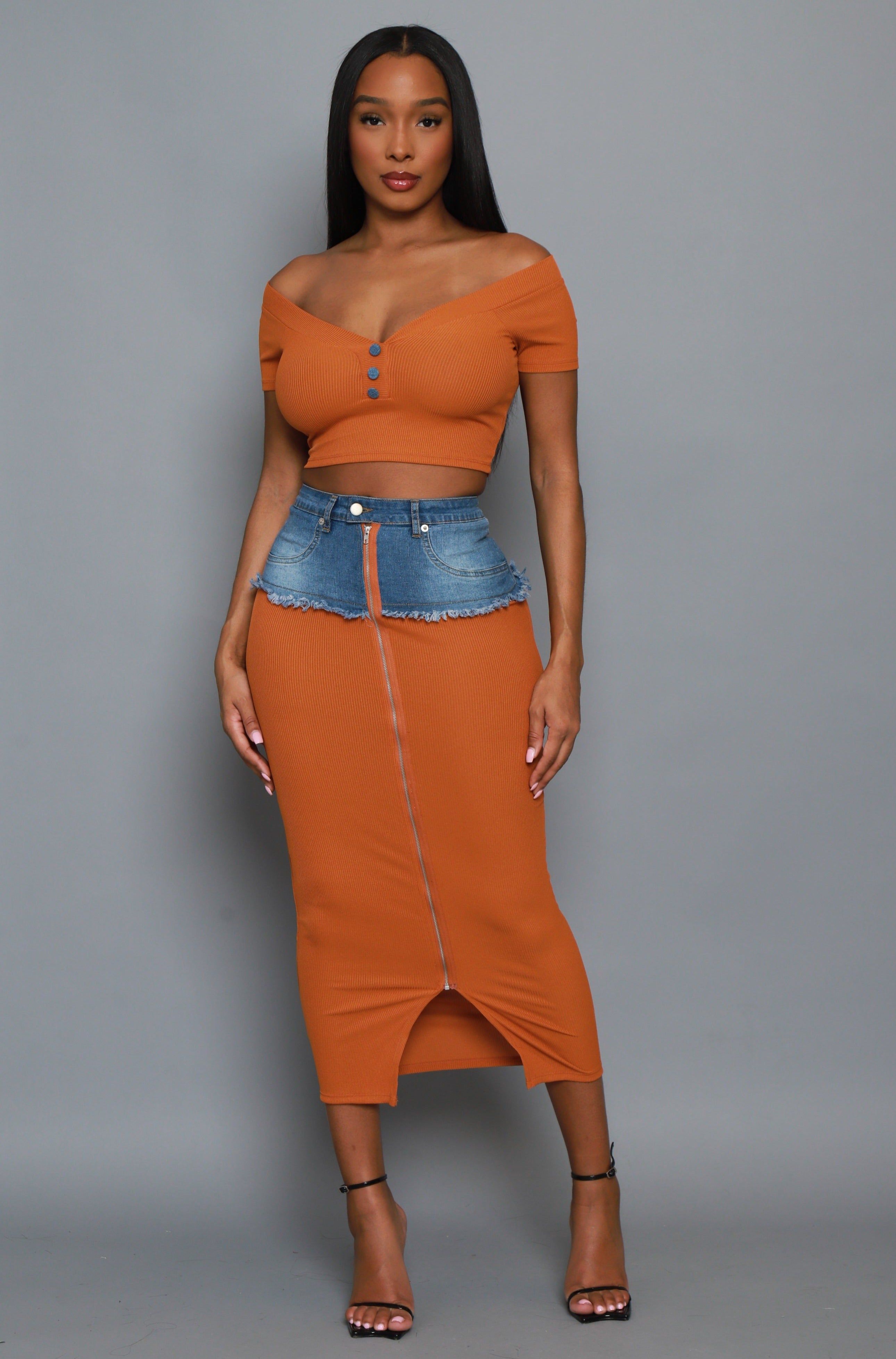 Test Me Ribbed Denim Skirt Set - Camel sold by Swankaposh product image thumbnail 4