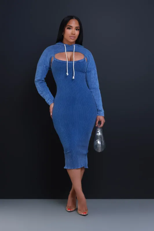 Pass Notes Hooded Midi Dress Set - Blue sold by Swankaposh