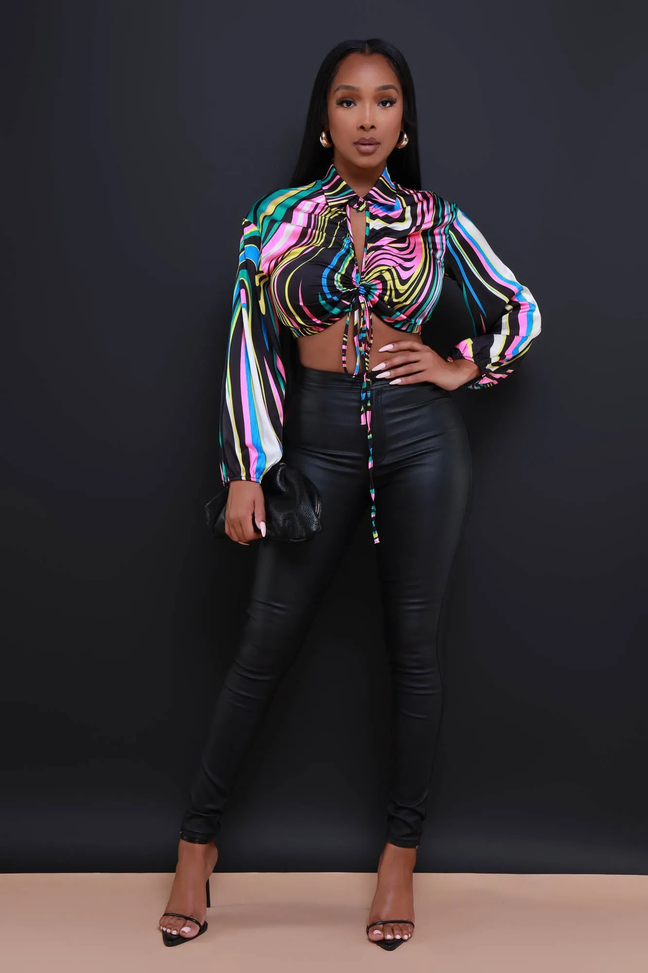 In Your Dreams Graphic Print Ruched Crop Top - Black Multicolor sold by Swankaposh product image thumbnail 4