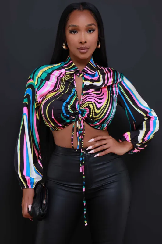 In Your Dreams Graphic Print Ruched Crop Top - Black Multicolor sold by Swankaposh