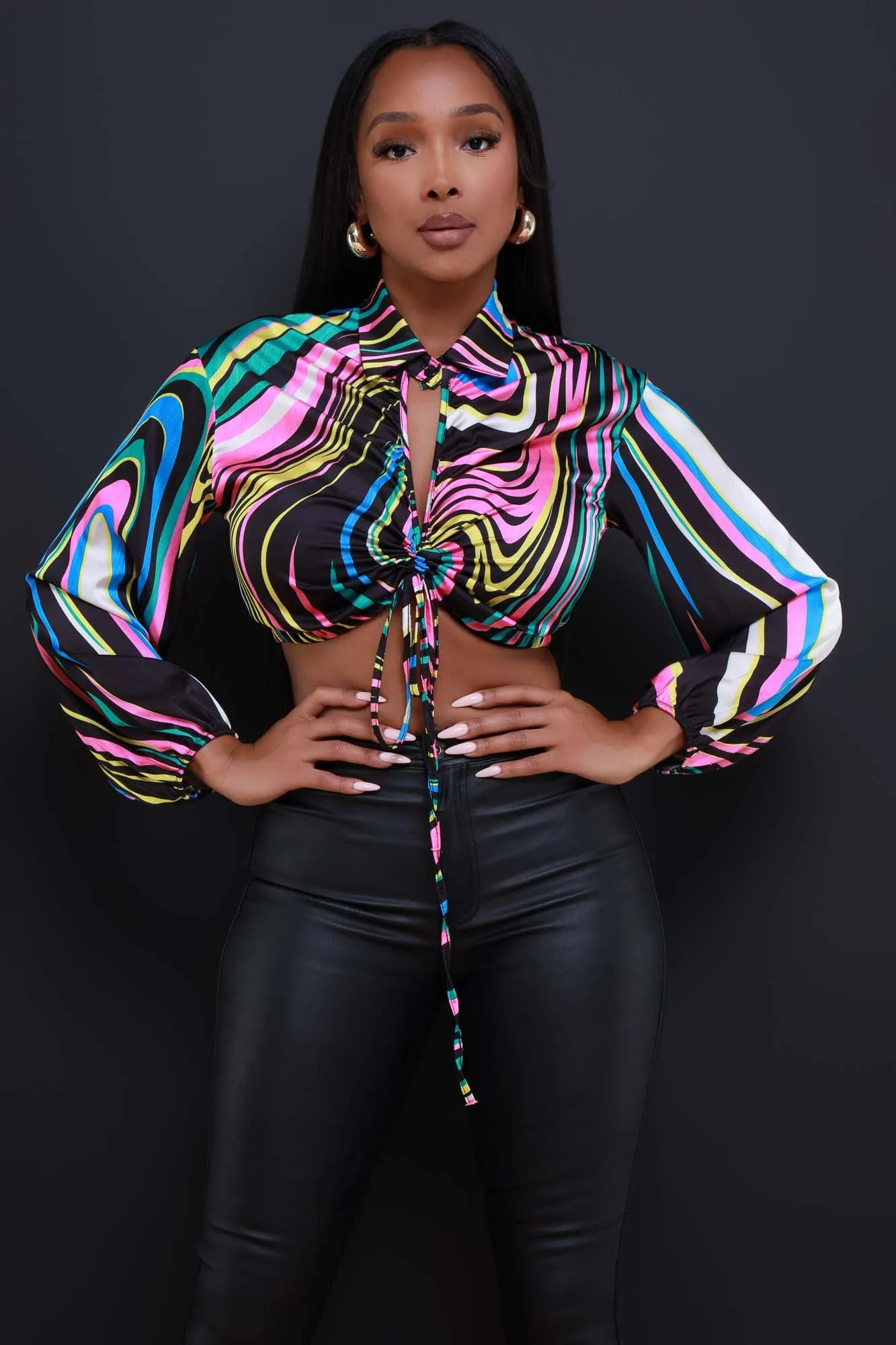 In Your Dreams Graphic Print Ruched Crop Top - Black Multicolor sold by Swankaposh product image thumbnail 5