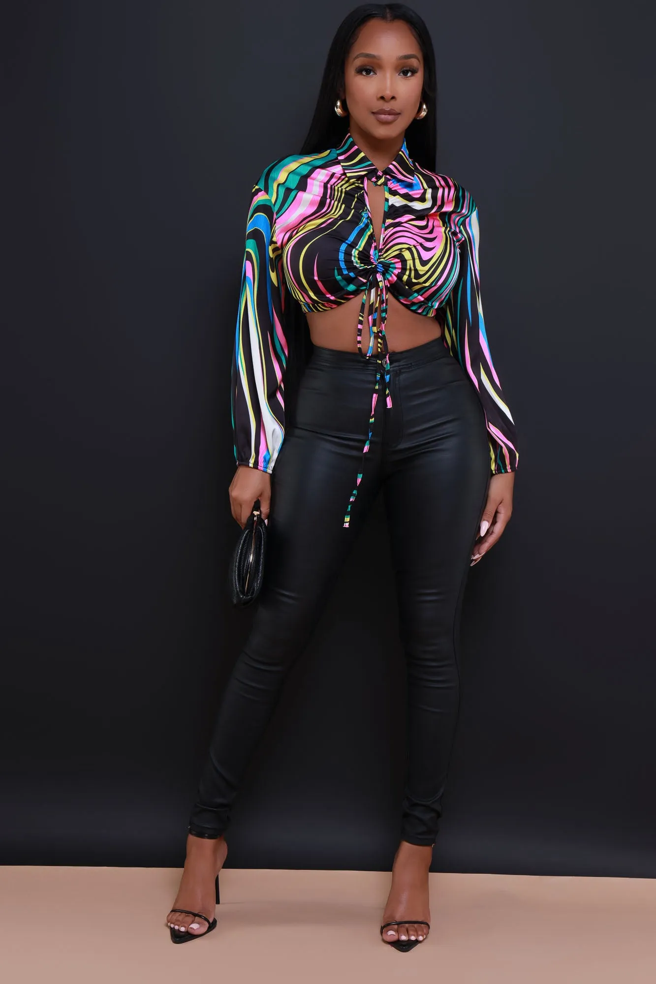 In Your Dreams Graphic Print Ruched Crop Top - Black Multicolor sold by Swankaposh product image thumbnail 2