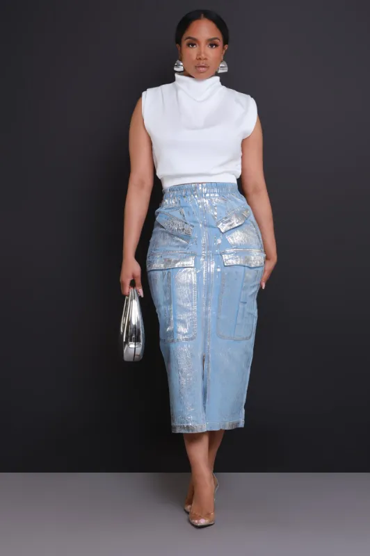 Song To Sing Denim Cargo Maxi Skirt - Blue/Silver sold by Swankaposh