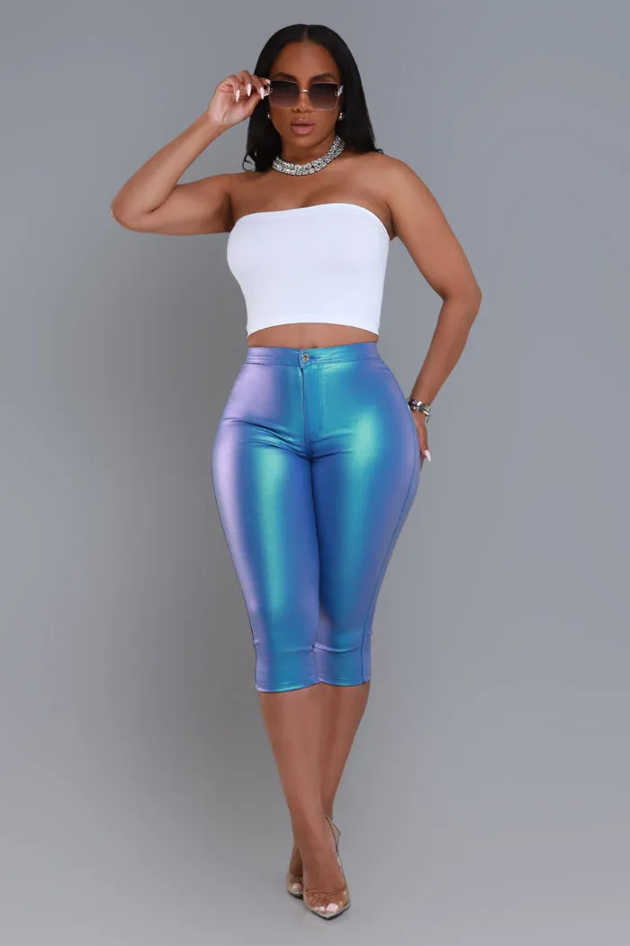 Make It Shimmer High Rise Metallic Capri Pants - Sky Blue sold by Swankaposh