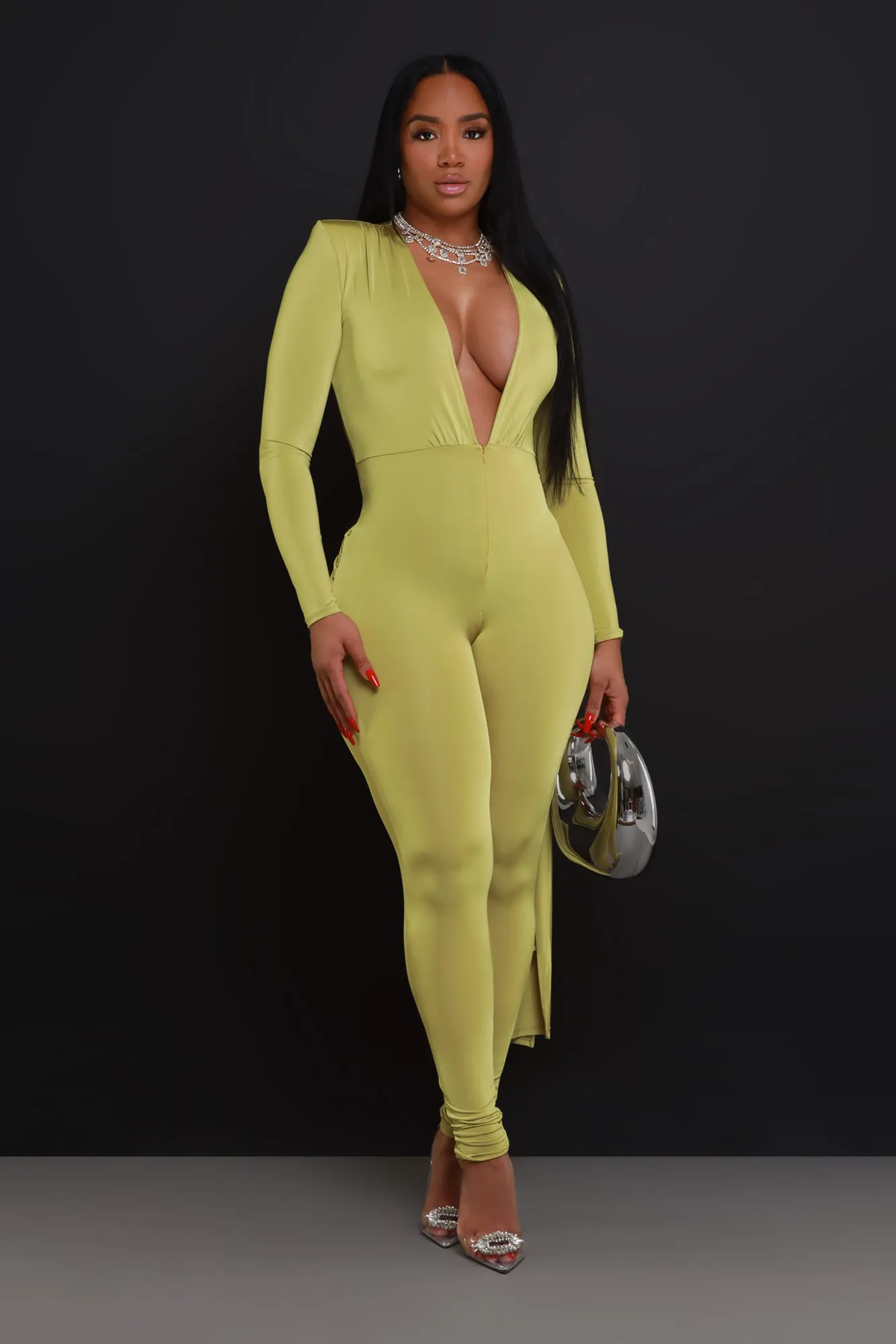 Go With Grace V-Neck Wrap Jumpsuit - Lime sold by Swankaposh