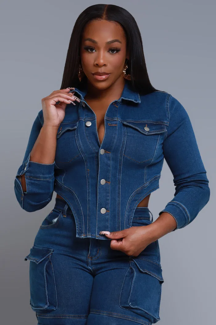 Good Feeling Asymmetrical Cut Denim Jacket - Dark Wash sold by Swankaposh