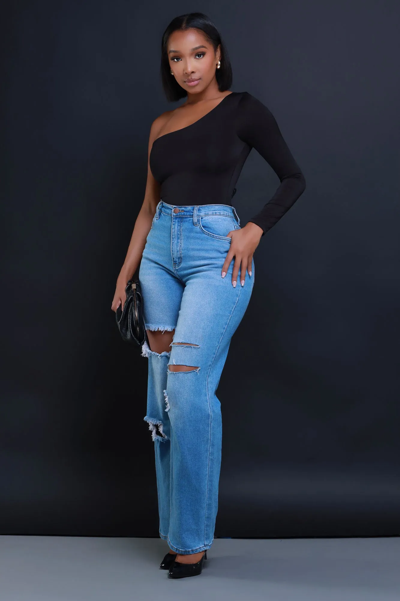 Hello There One Shoulder Bodysuit - Black sold by Swankaposh product image thumbnail 4