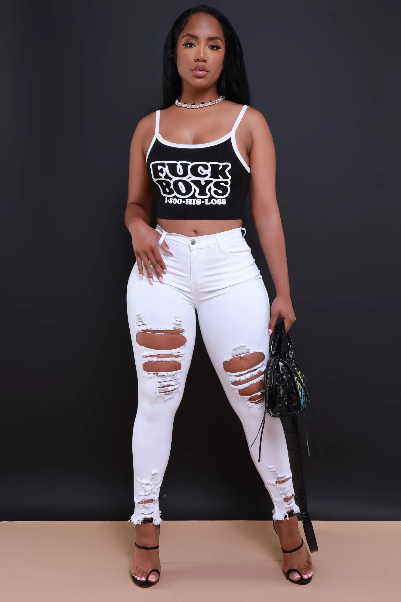 Witness Distressed High Rise Jeans - White sold by Swankaposh product image thumbnail 5