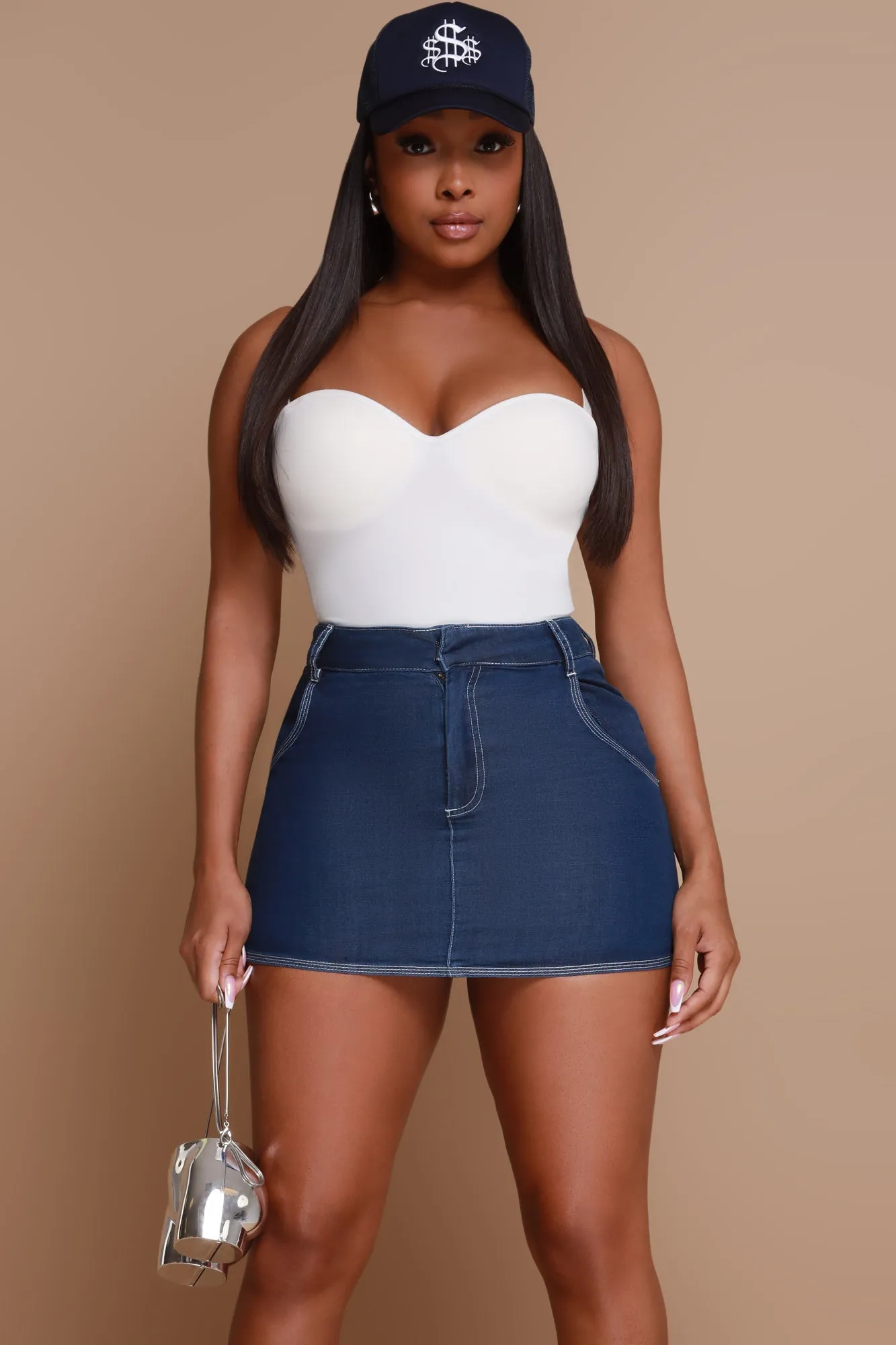 Place Your Bets Denim Skirt- Dark Blue sold by Swankaposh