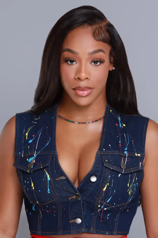 Feel Inspired Paint Splatter Cropped Denim Vest - Dark Wash sold by Swankaposh