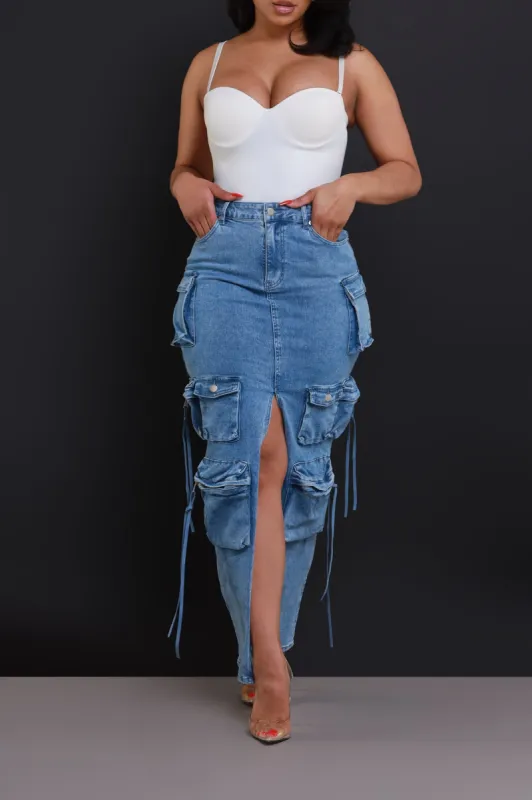 Get Down Denim Cargo Maxi Skirt - Medium Wash sold by Swankaposh