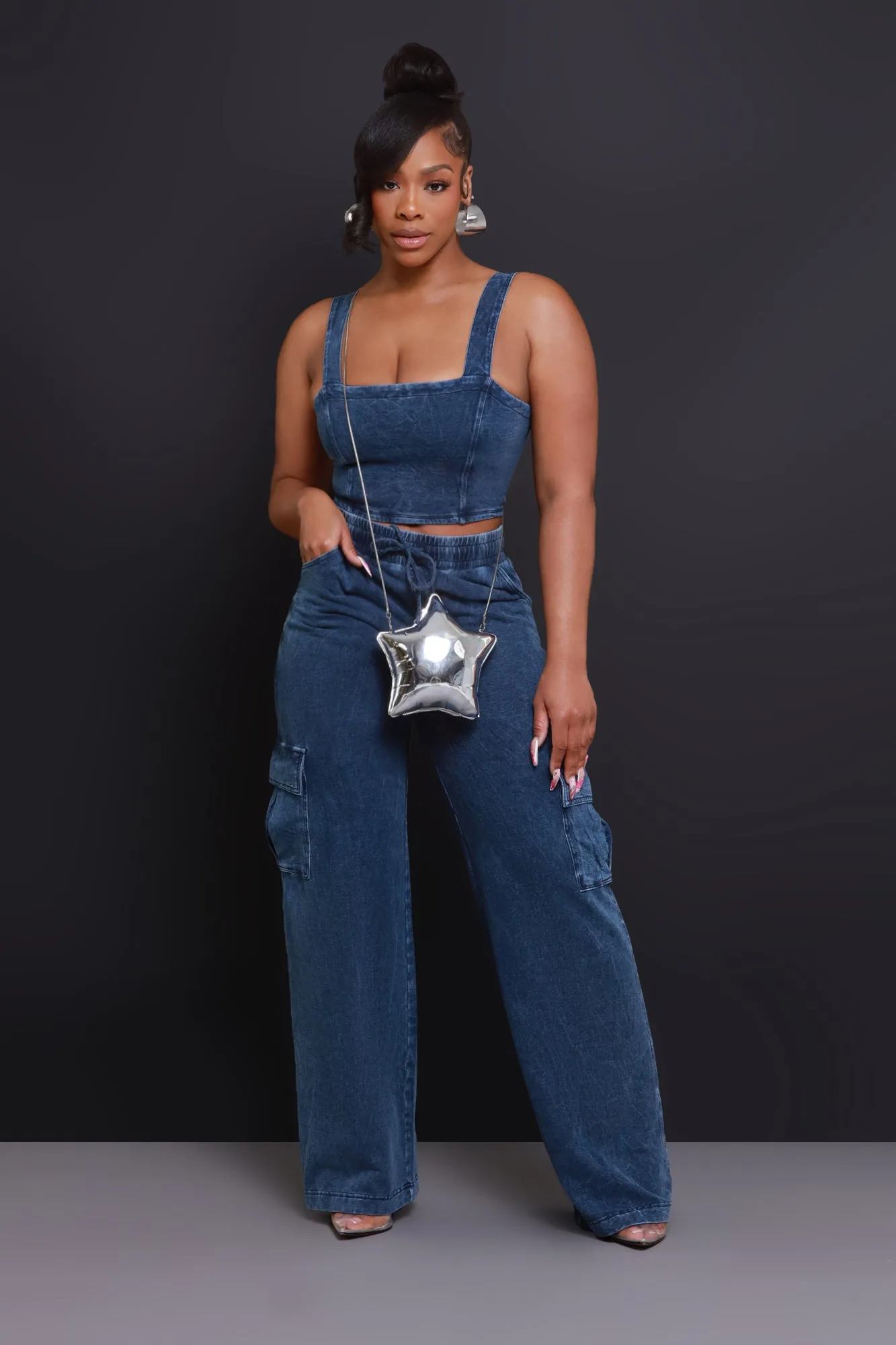 Shift Change High Rise Cargo Pants - Medium Wash sold by Swankaposh product image thumbnail 5