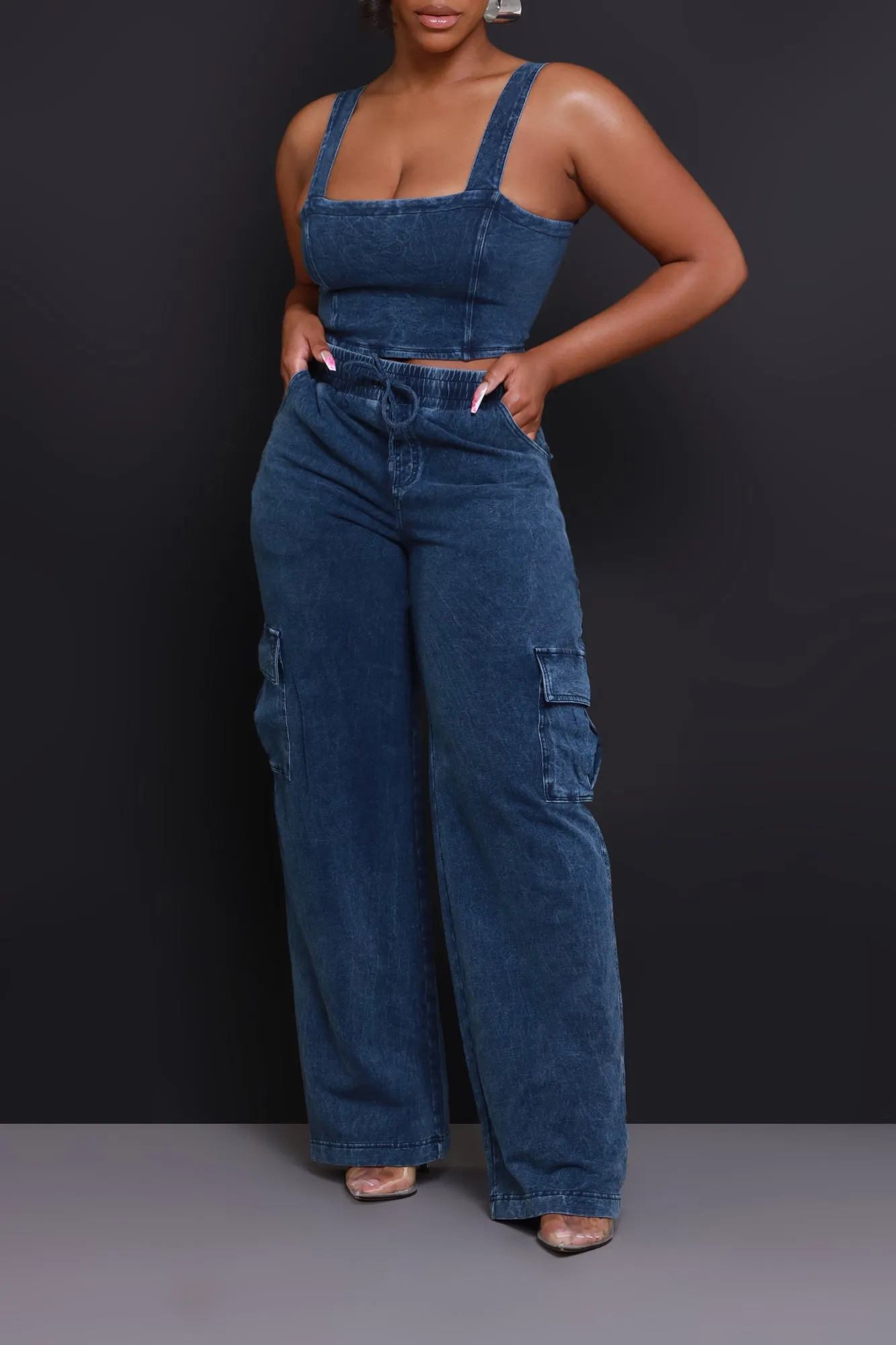 Shift Change High Rise Cargo Pants - Medium Wash sold by Swankaposh