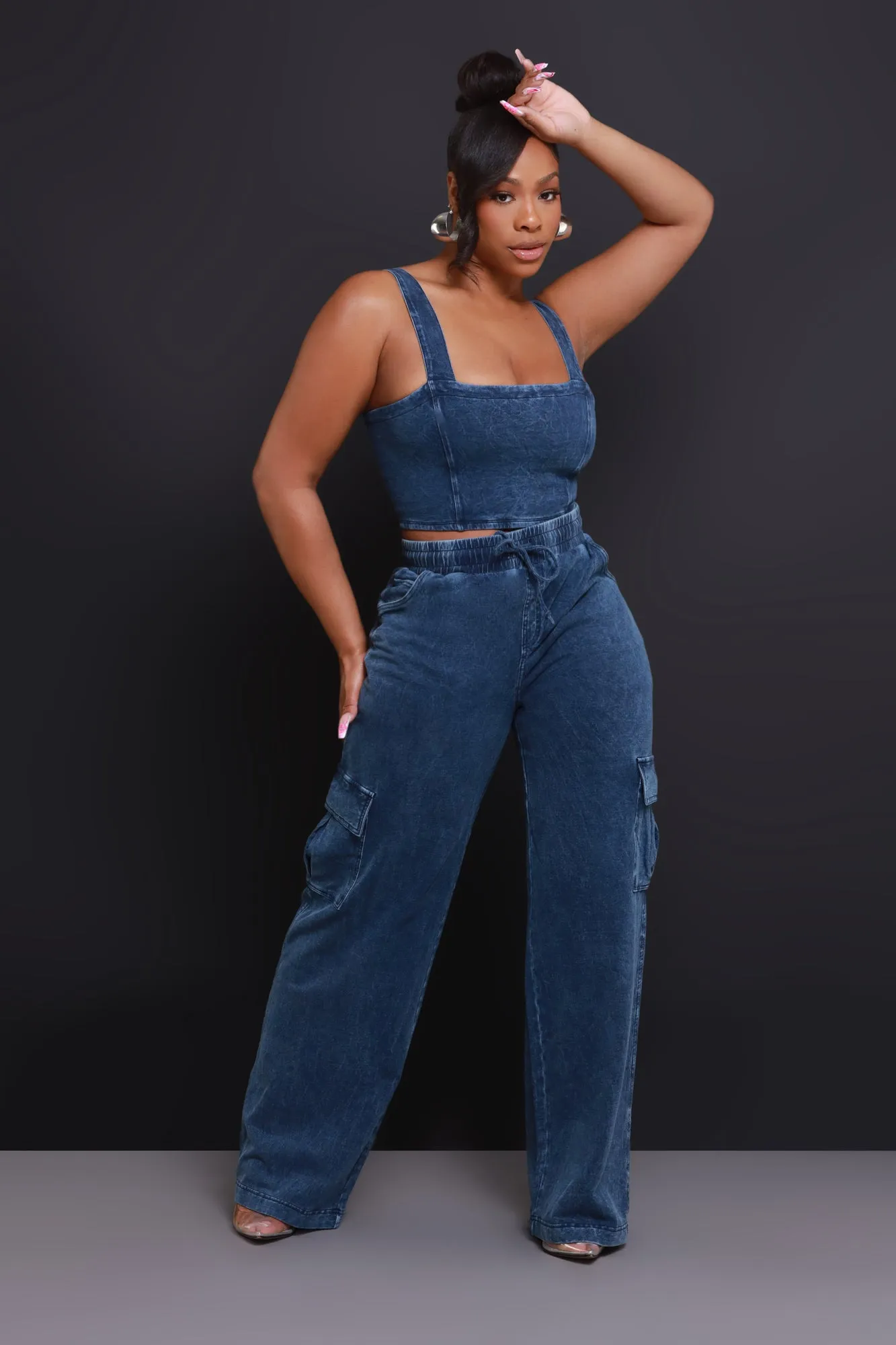 Shift Change High Rise Cargo Pants - Medium Wash sold by Swankaposh product image thumbnail 3