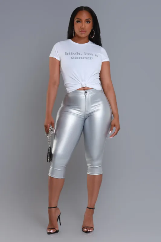 Make It Shimmer High Rise Metallic Capri Pants - Silver made by Swankaposh