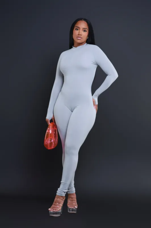 Save Tonight Mock Neck Jumpsuit - Grey sold by Swankaposh