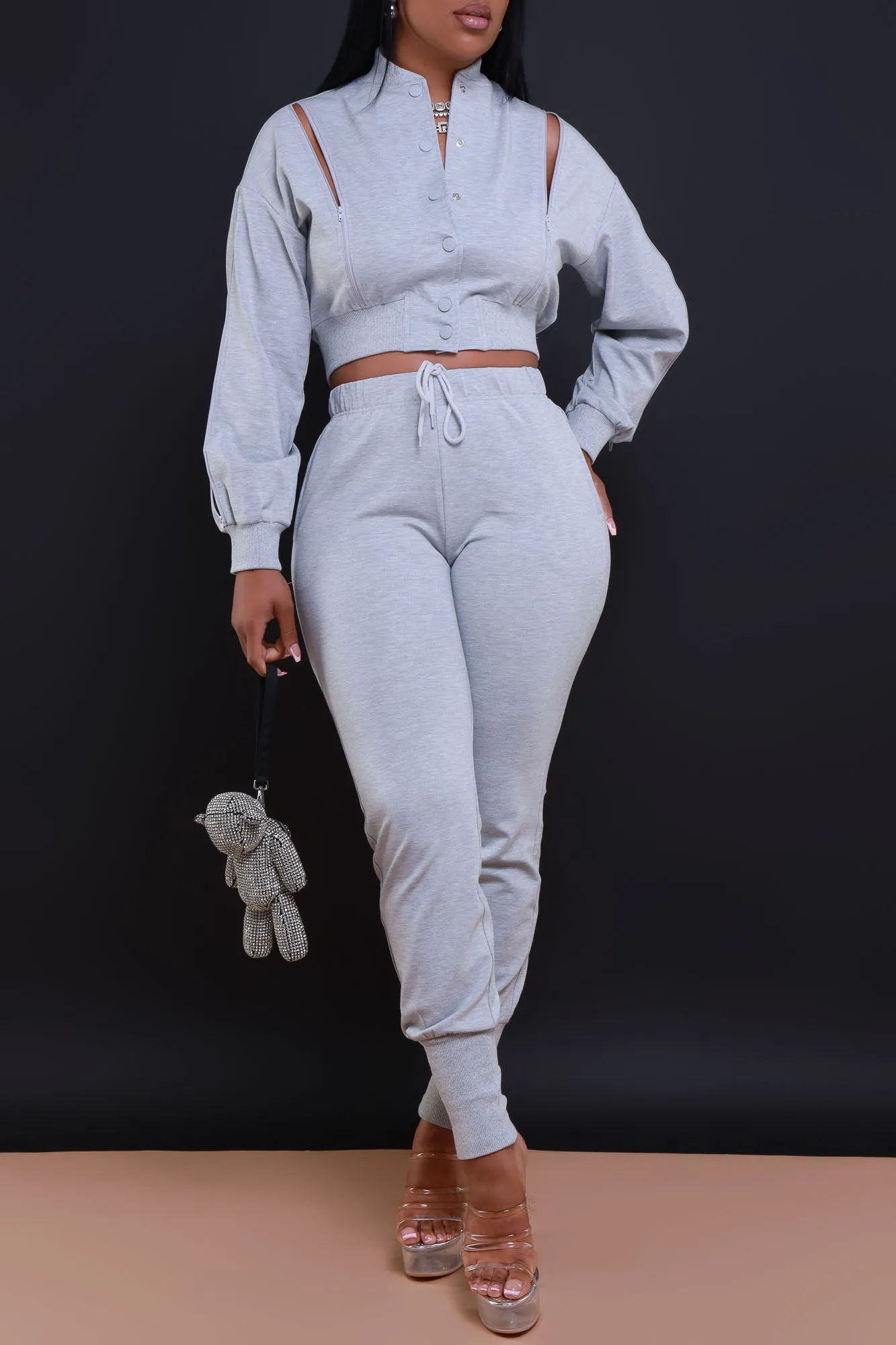 Top Priority Zippered Cropped Jogger Set - Heather Grey sold by Swankaposh product image thumbnail 4