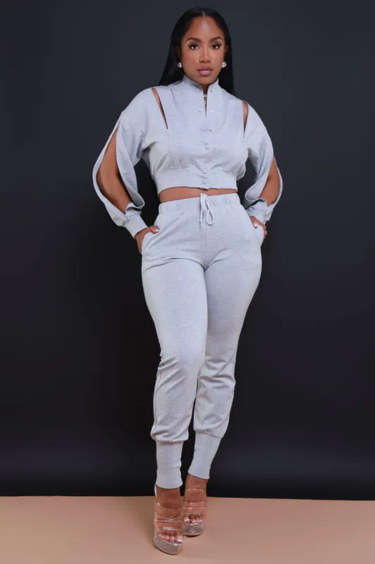 Top Priority Zippered Cropped Jogger Set - Heather Grey sold by Swankaposh