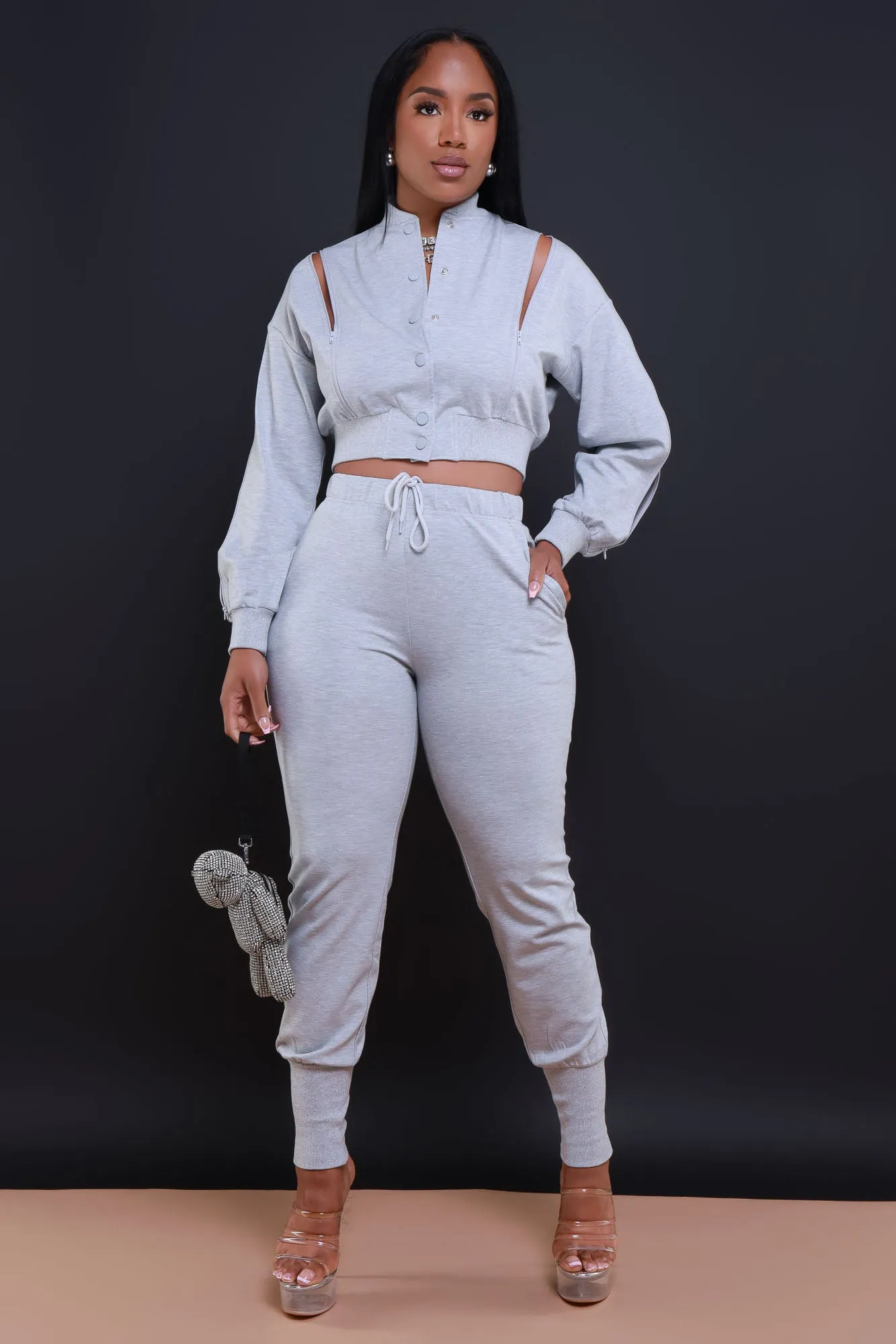 Top Priority Zippered Cropped Jogger Set - Heather Grey sold by Swankaposh product image thumbnail 5