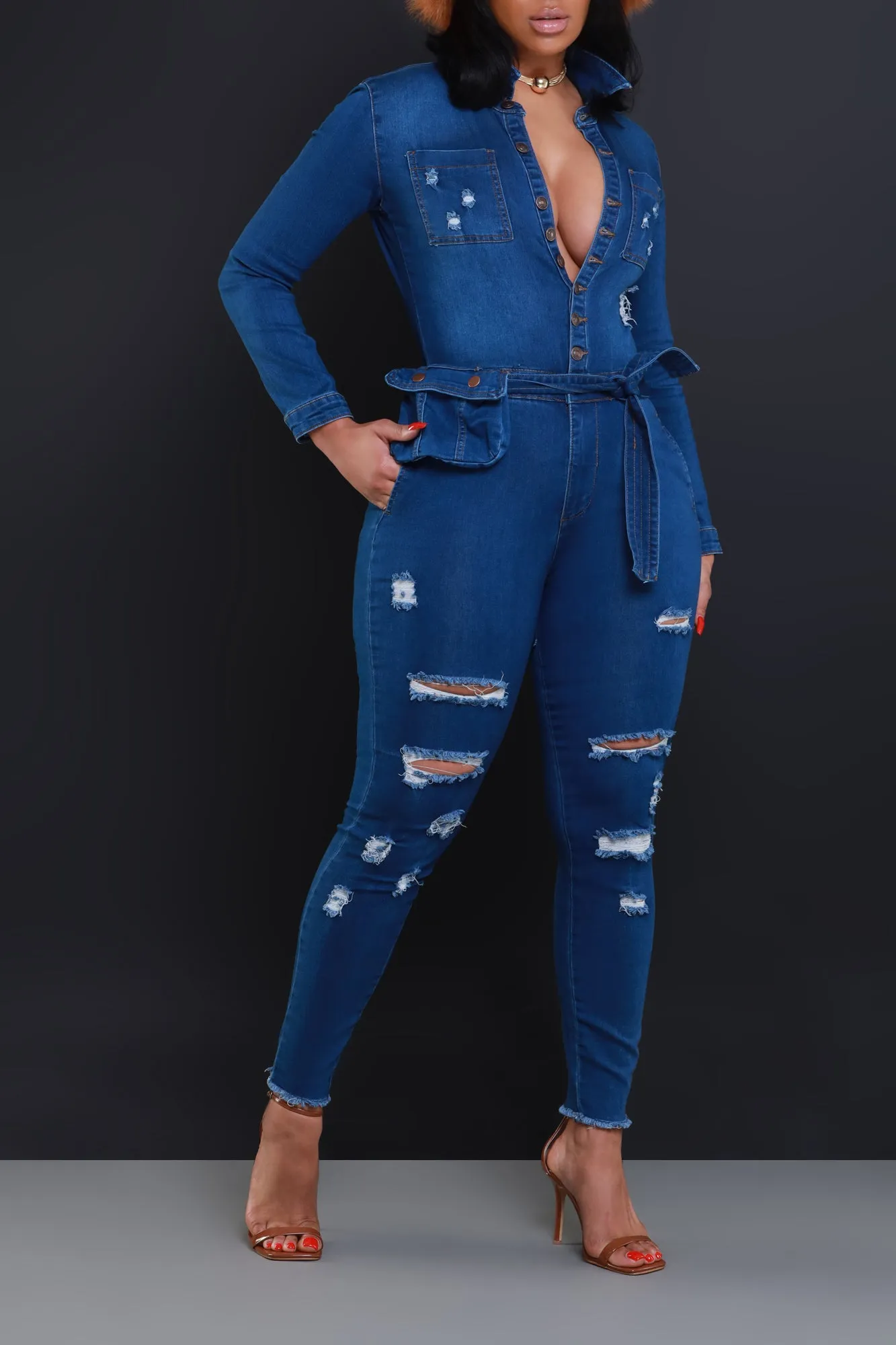 Declare Distressed Denim Jumpsuit - Mid Wash sold by Swankaposh product image thumbnail 5