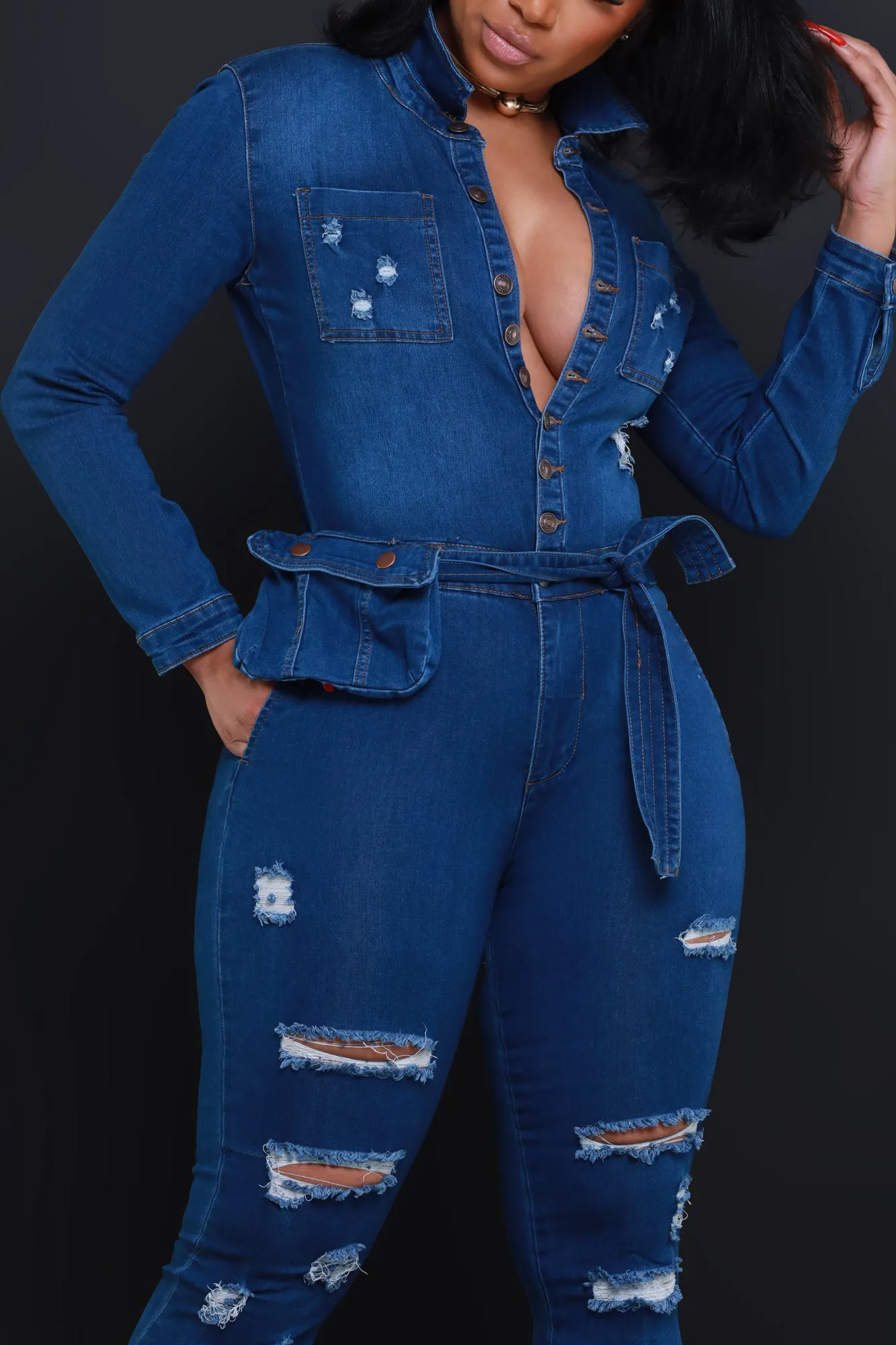 Declare Distressed Denim Jumpsuit - Mid Wash sold by Swankaposh product image thumbnail 3