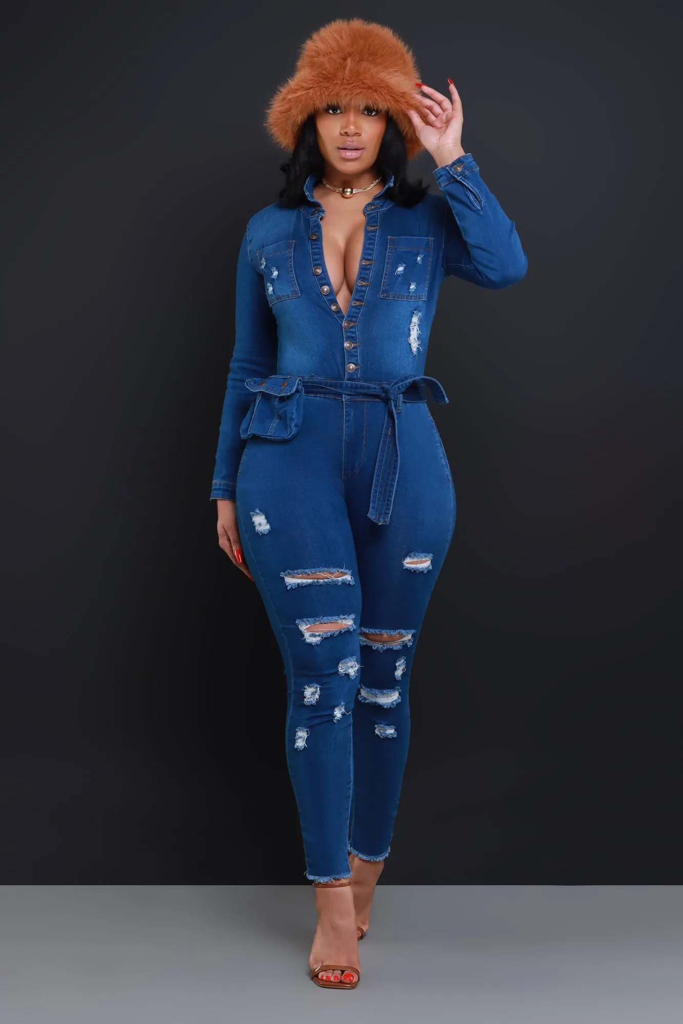 Declare Distressed Denim Jumpsuit - Mid Wash sold by Swankaposh