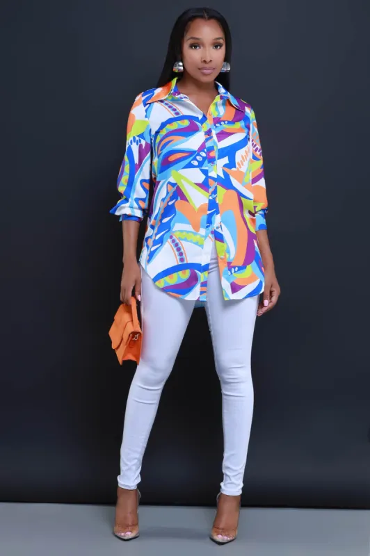 Don't Be A Hater Printed Button Up Top - Blue Multicolor sold by Swankaposh