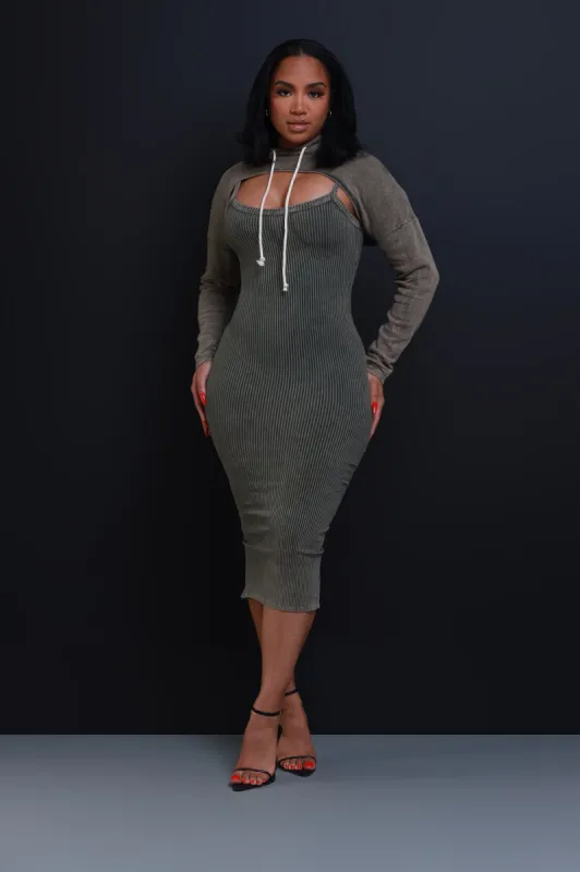 Pass Notes Hooded Midi Dress Set - Olive sold by Swankaposh