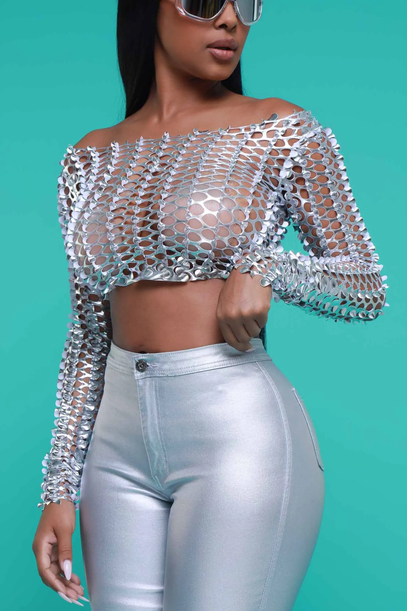 Watch Out Metallic Cut Out Crop Top - Silver sold by Swankaposh product image thumbnail 5