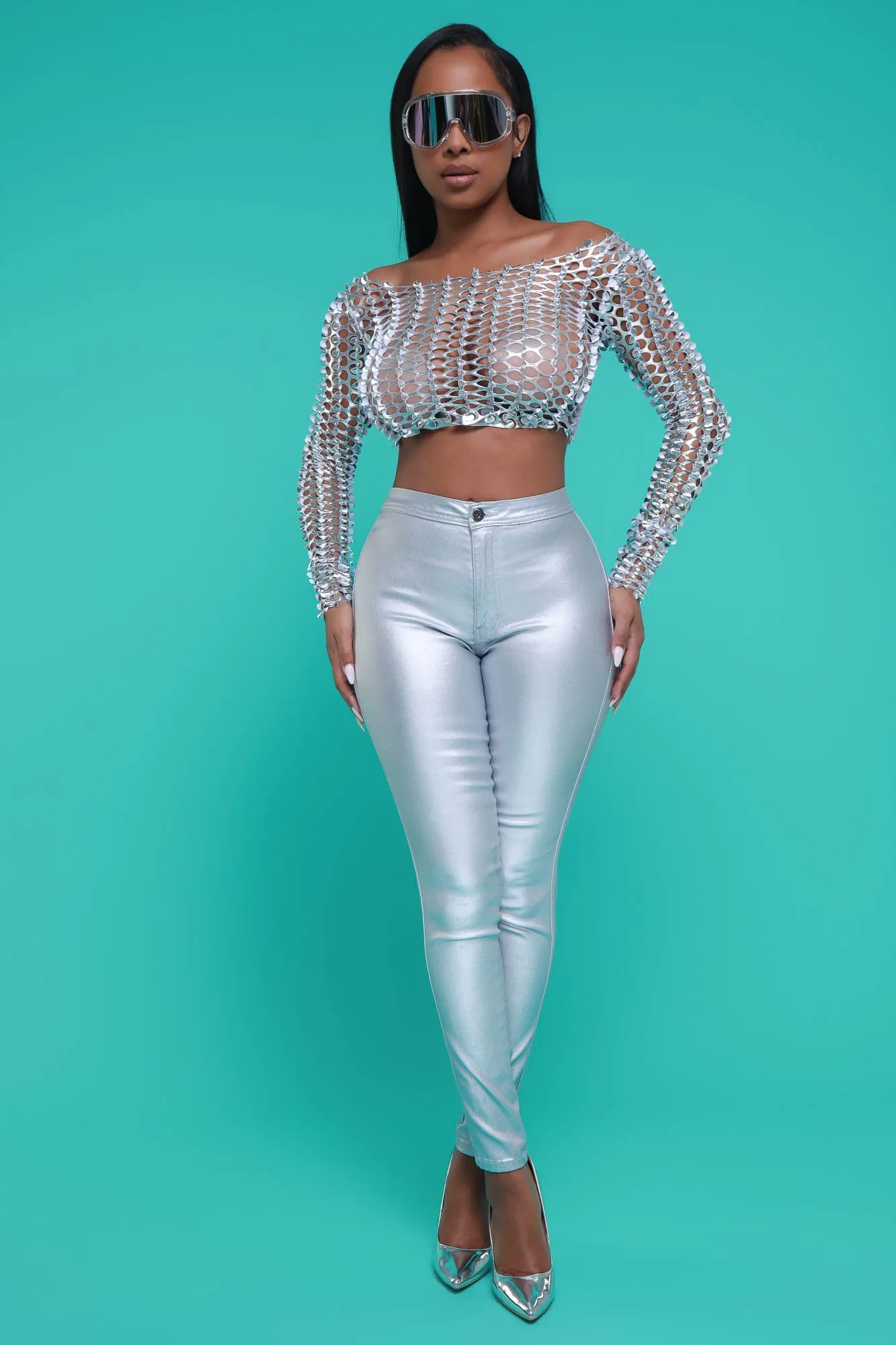 Watch Out Metallic Cut Out Crop Top - Silver sold by Swankaposh product image thumbnail 2