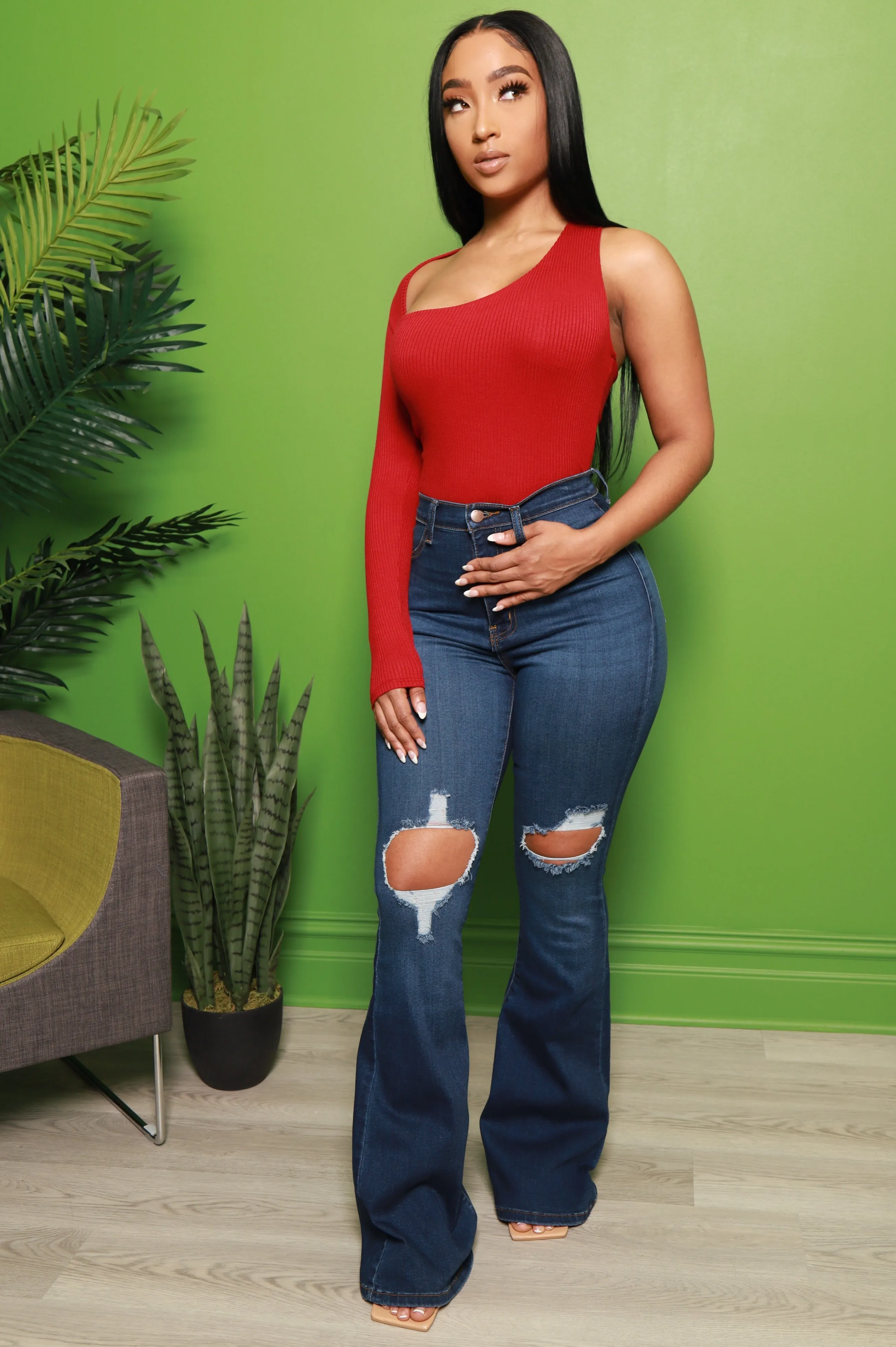 Abby One Shoulder Bodysuit - Burgundy sold by Swankaposh product image thumbnail 2